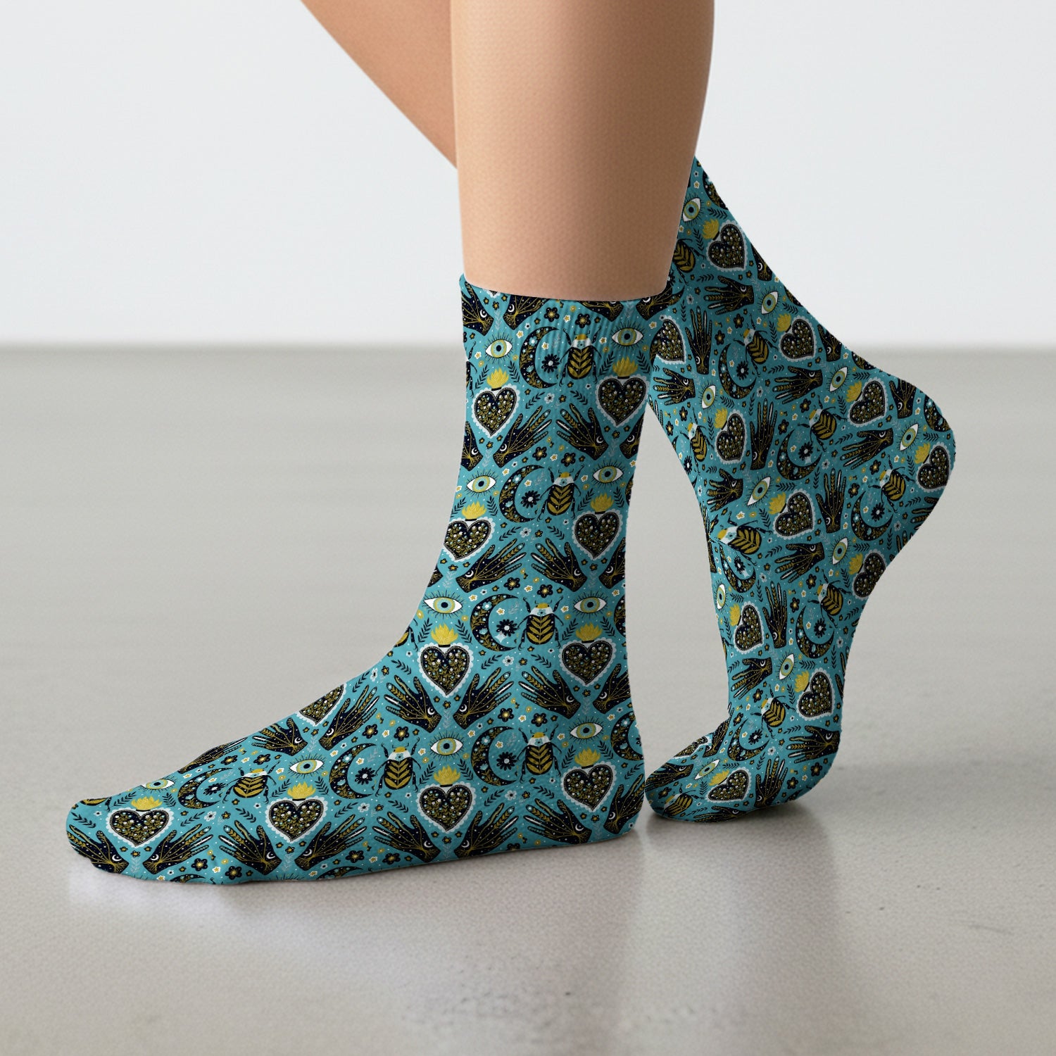 Mystic Celestial Heart & Evil Eye Pattern Socks, Adult Socks for Men and Women