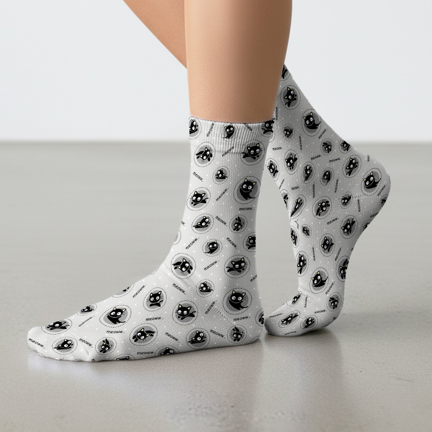 Funny Black Cat Meow Pattern Socks, Adult Socks for Men and Women