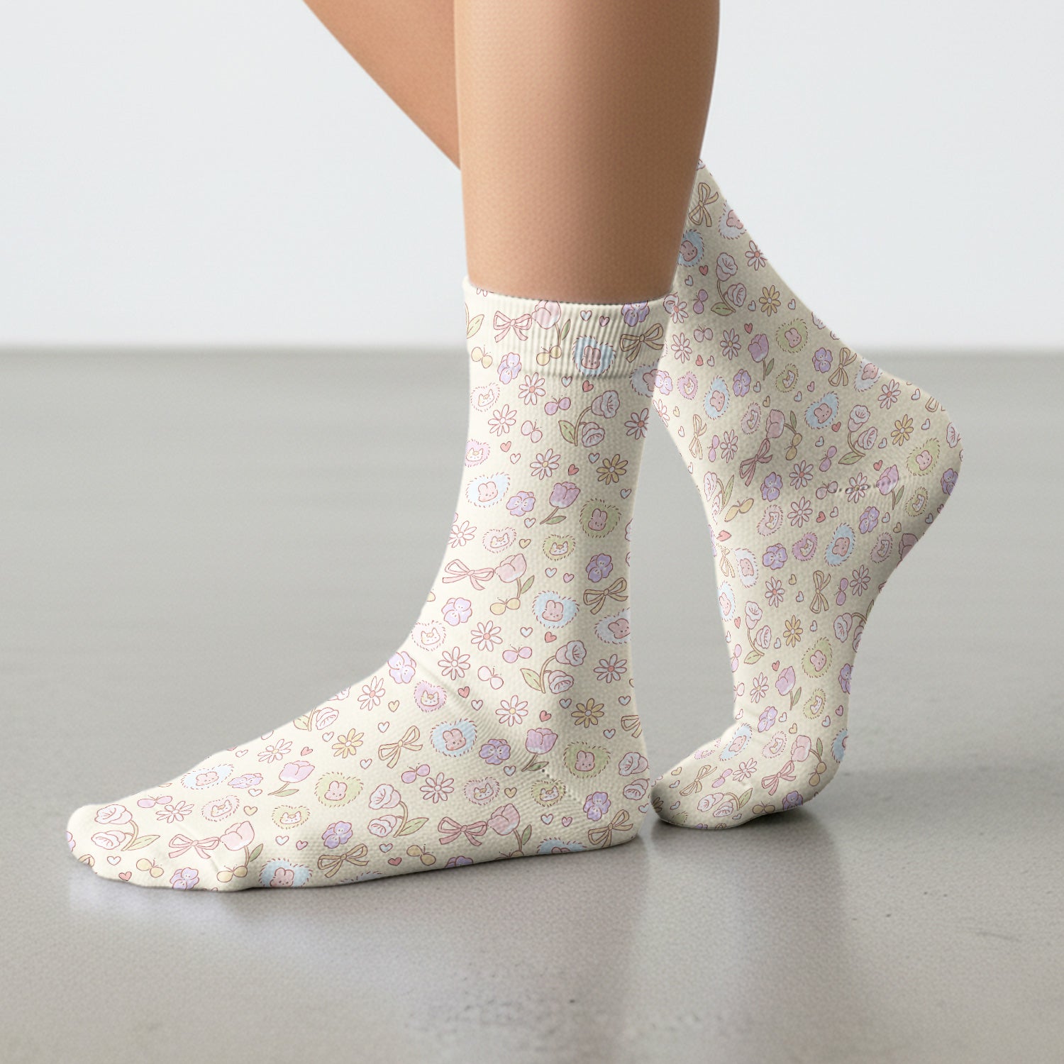 Pastel Bunny Flower Heart Pattern Nurse Socks, Adult Socks for Men and Women