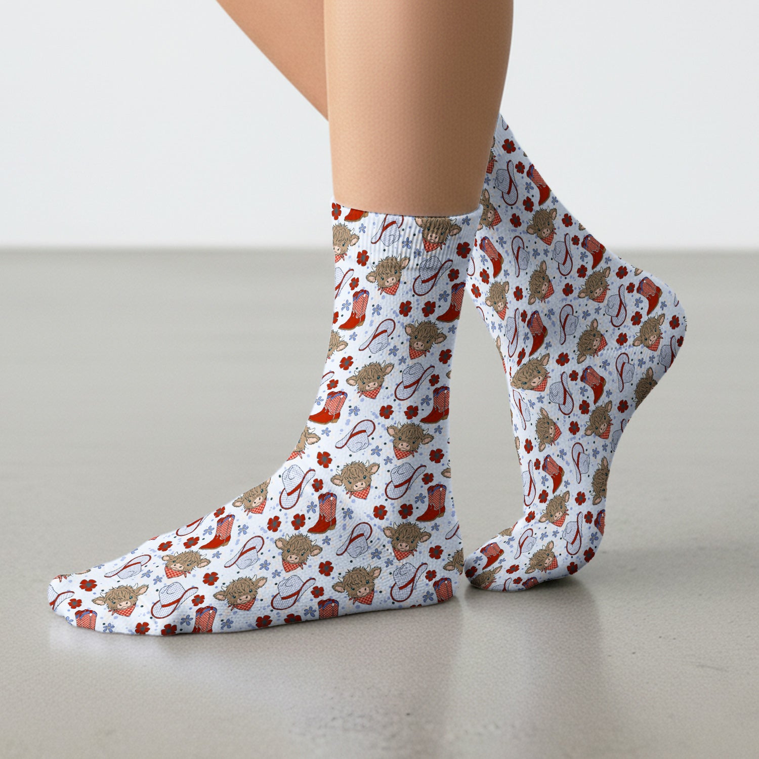 Cute Highland Cow Cowboy Boots Pattern Socks, Adult Socks for Men and Women