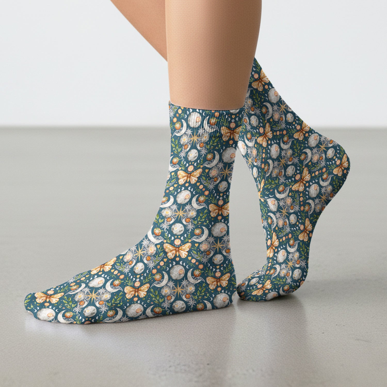 Celestial Butterfly Moonlight Pattern Socks, Adult Socks for Men and Women