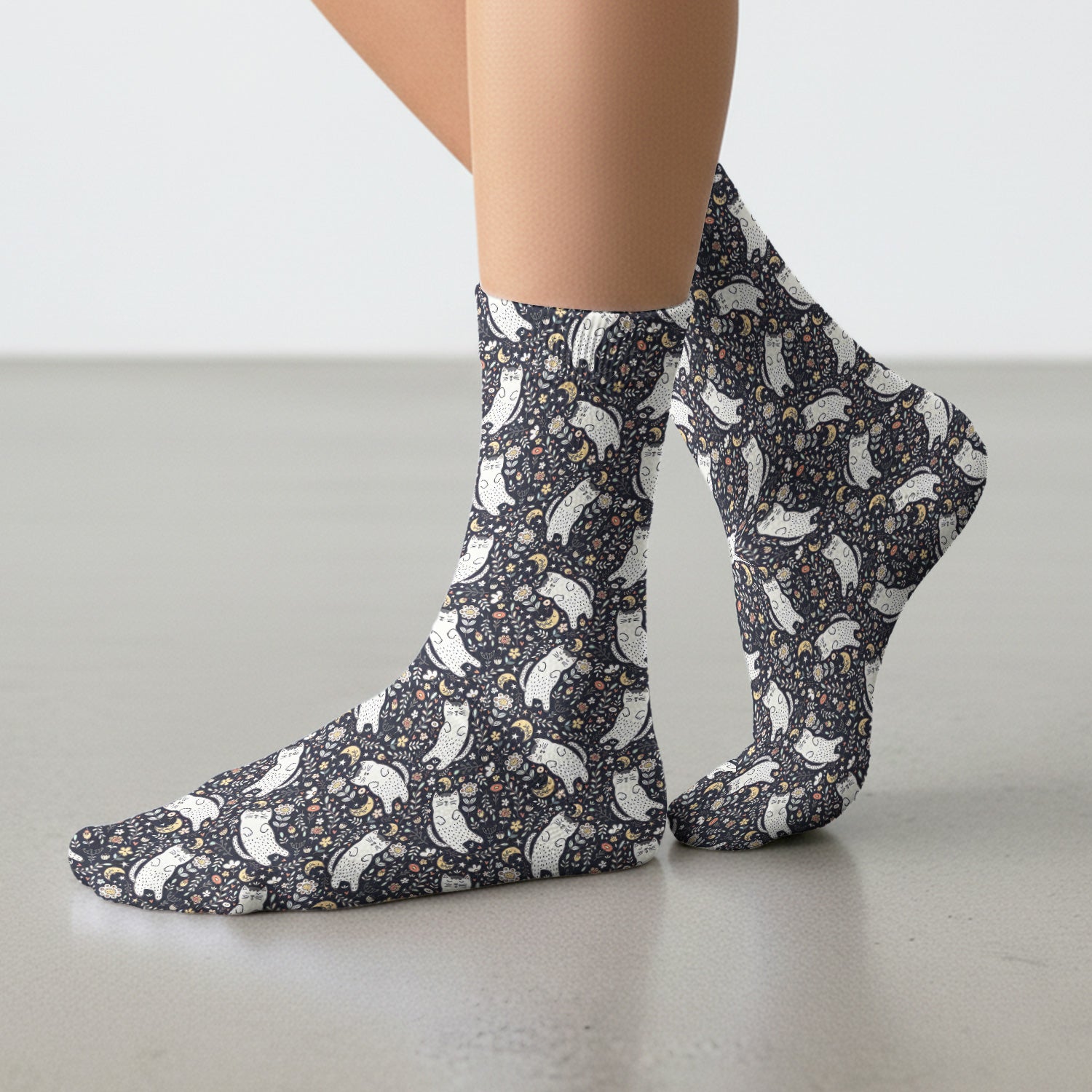 Moonlit Floral Cat Seamless Pattern Socks, Adult Socks for Men and Women