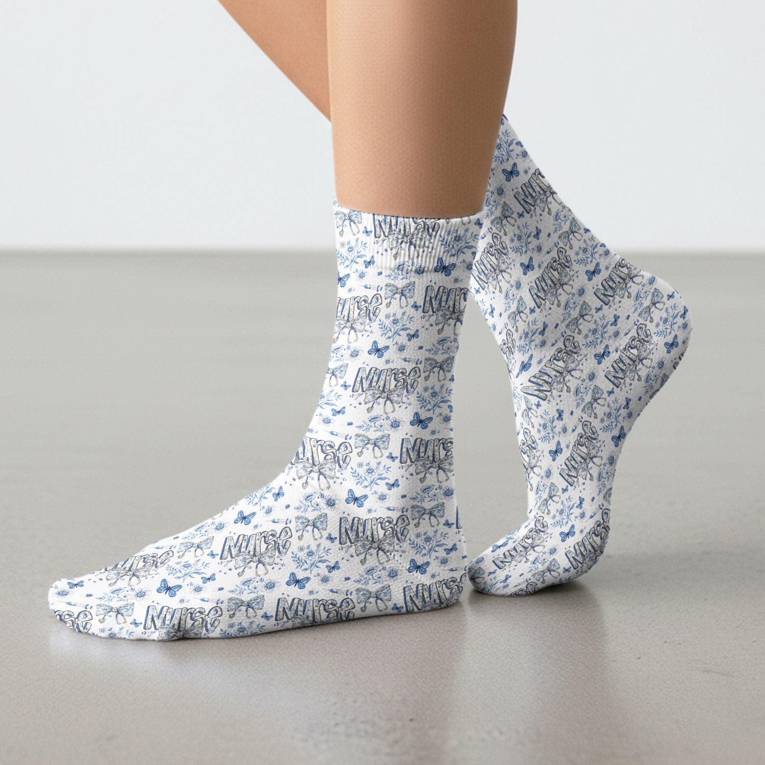 Blue Nurse Bow Floral Butterfly Pattern Socks, Breathable Fabrics Medical Uniform