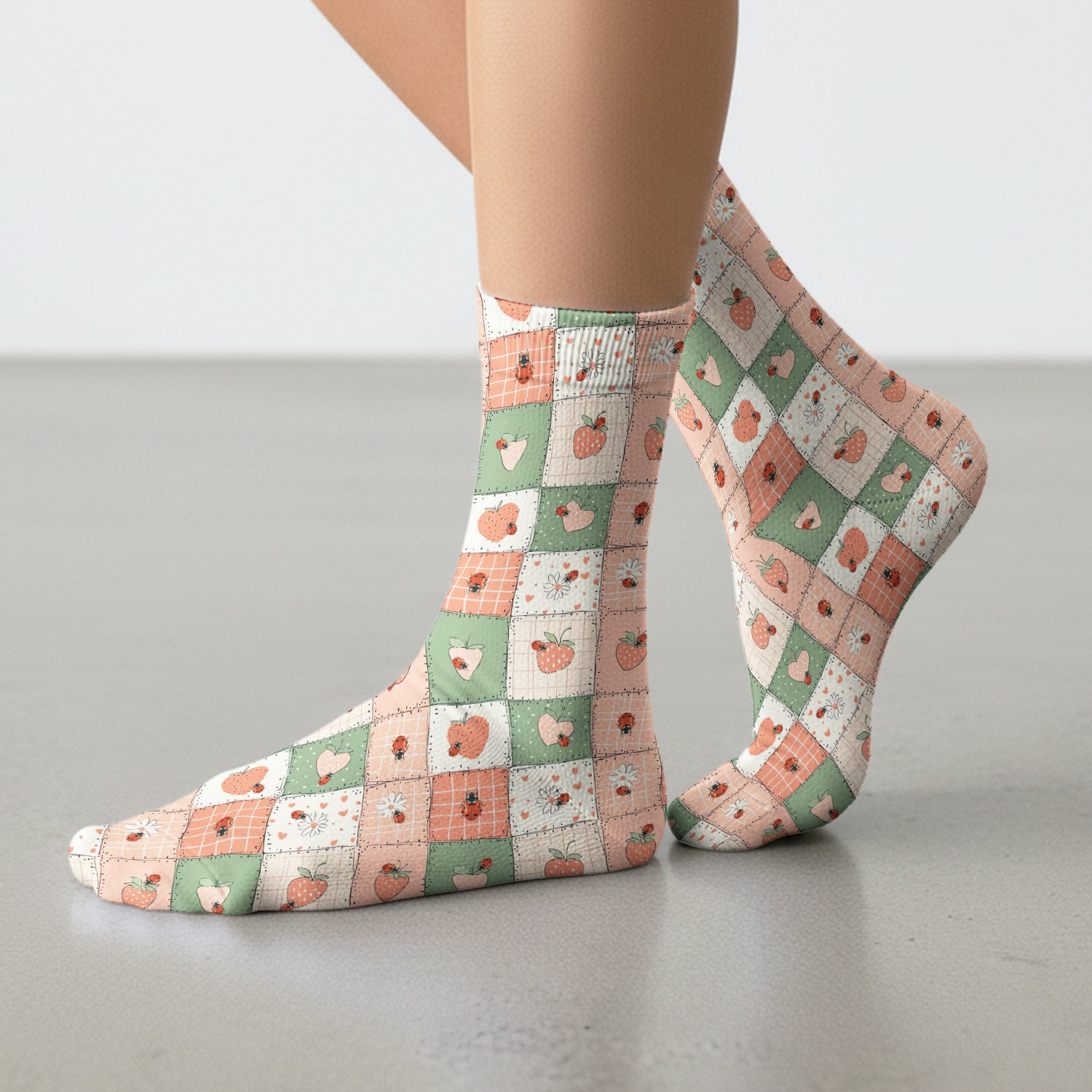 Strawberry Ladybug Patchwork Pattern Socks, Socks for Nurse Doctor