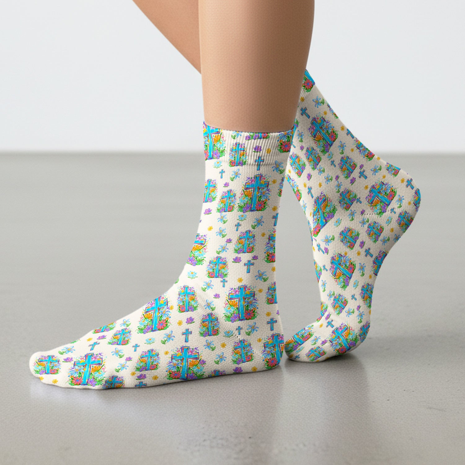 Christian Floral Cross Spring Pattern Socks, Breathable Fabrics Medical Uniform