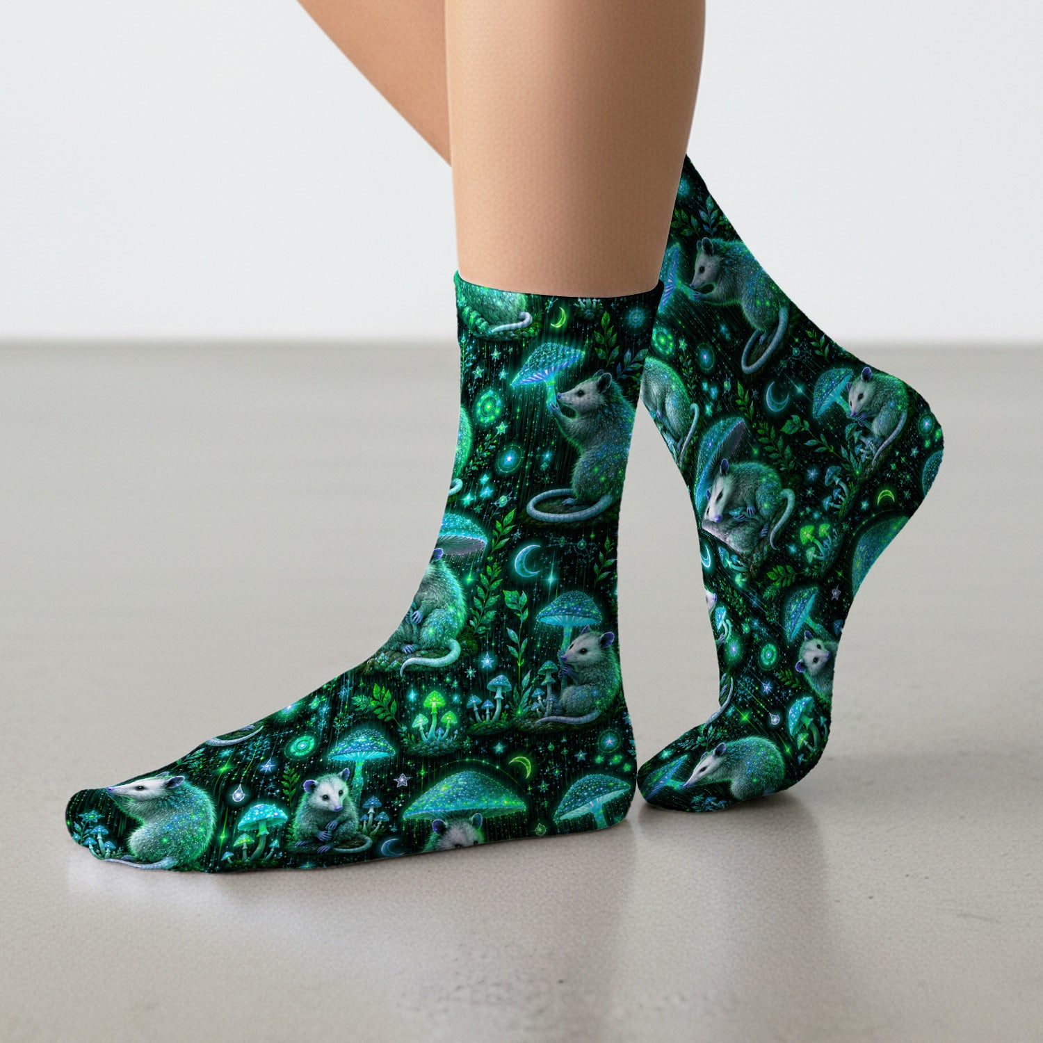 Moonlit Opossum Mushroom Pattern Socks, Adult Socks for Men and Women
