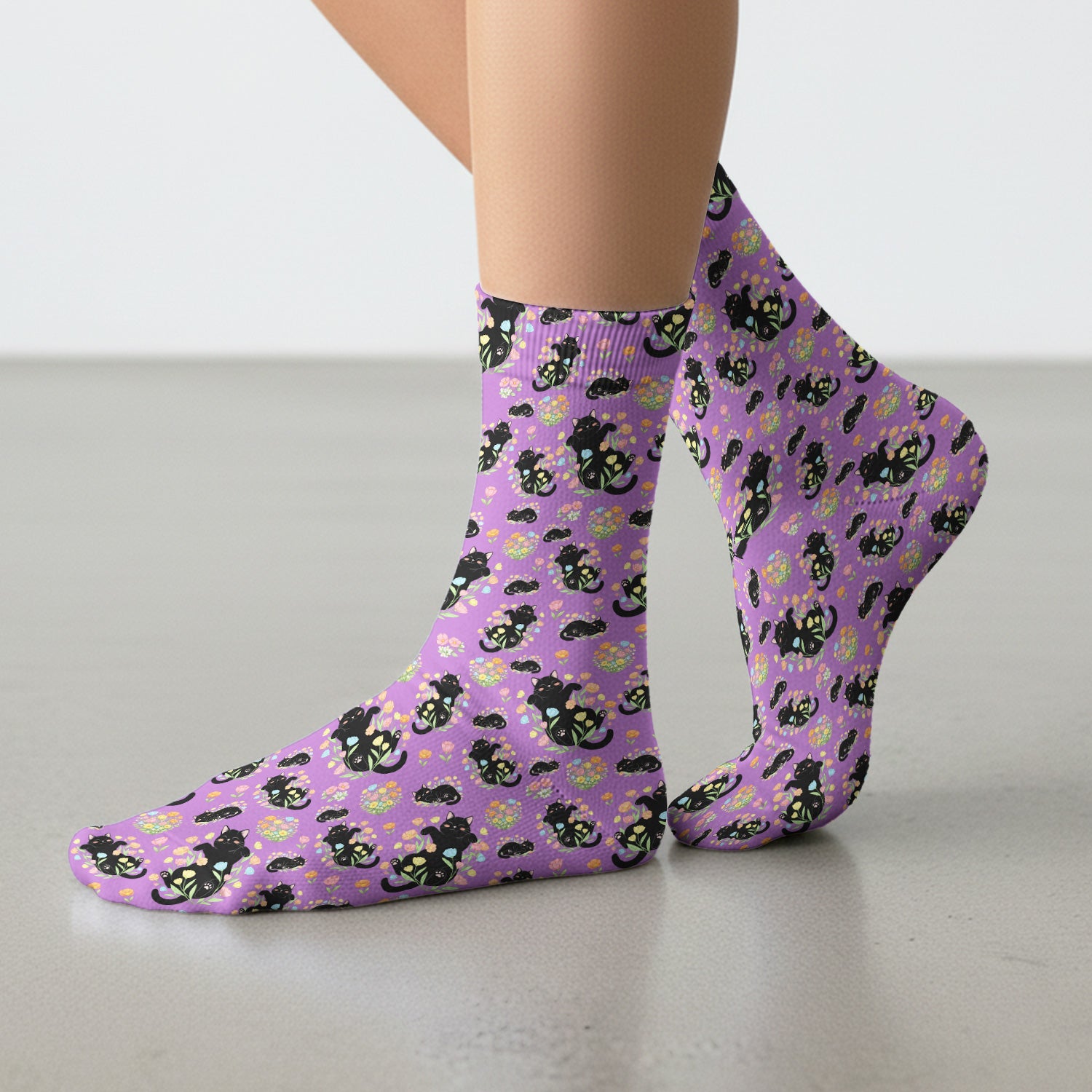 Cats With Cute Poses Floral Pattern Socks, Adult Socks for Men and Women