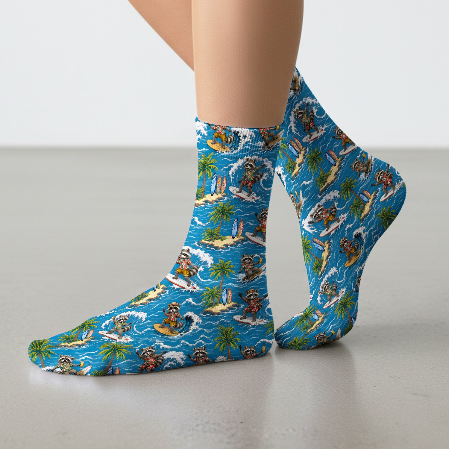 Tropical Surfing Raccoon Island Pattern Socks, Adult Socks for Men and Women