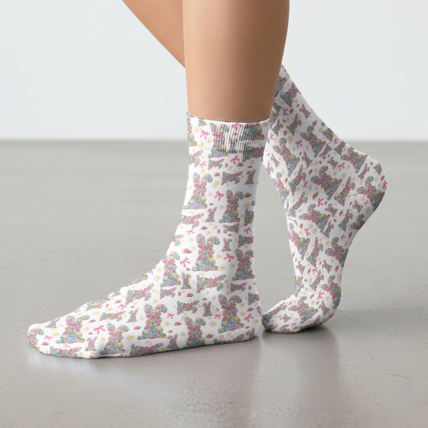 Colorful Floral Bunny with Pink Bow Pattern Socks, Breathable Fabrics Medical Uniform