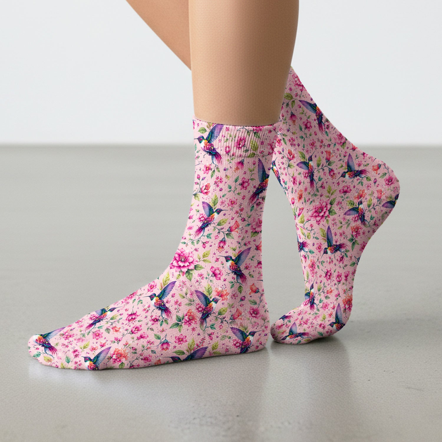 Pink Hummingbird Floral Garden Pattern Socks, Adult Socks for Men and Women
