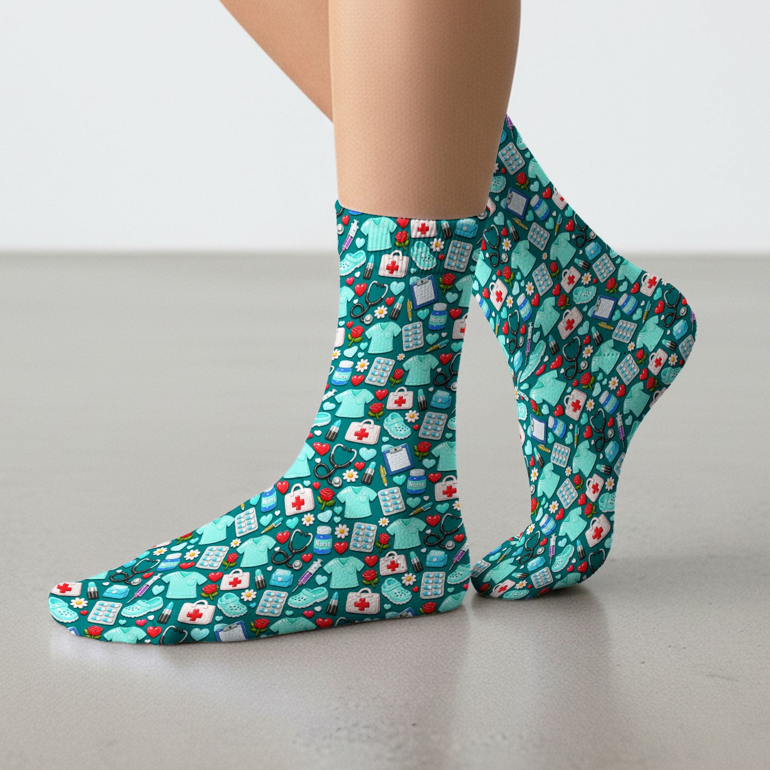 Medical Icons Scrub Socks, Cute Pattern Nurse Sock, Breathable Fabrics Nursing Uniform
