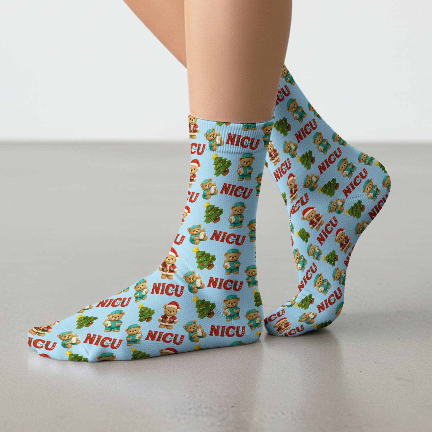 Festive Christmas NICU Nurse Teddy Bear Pattern Print Socks, Adult Socks for Men and Women