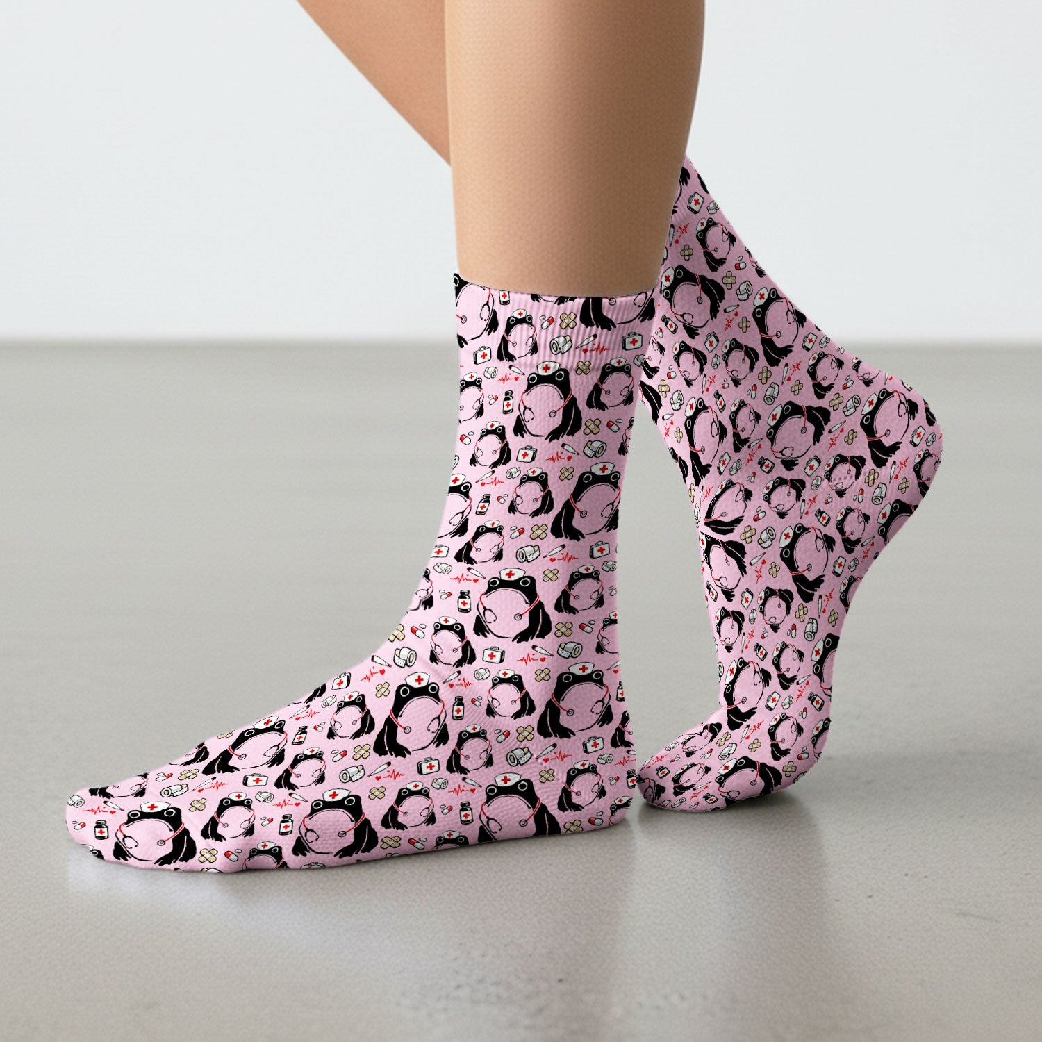 Cute Frog Nurse Medical Pattern Socks, Breathable Fabrics Medical Uniform
