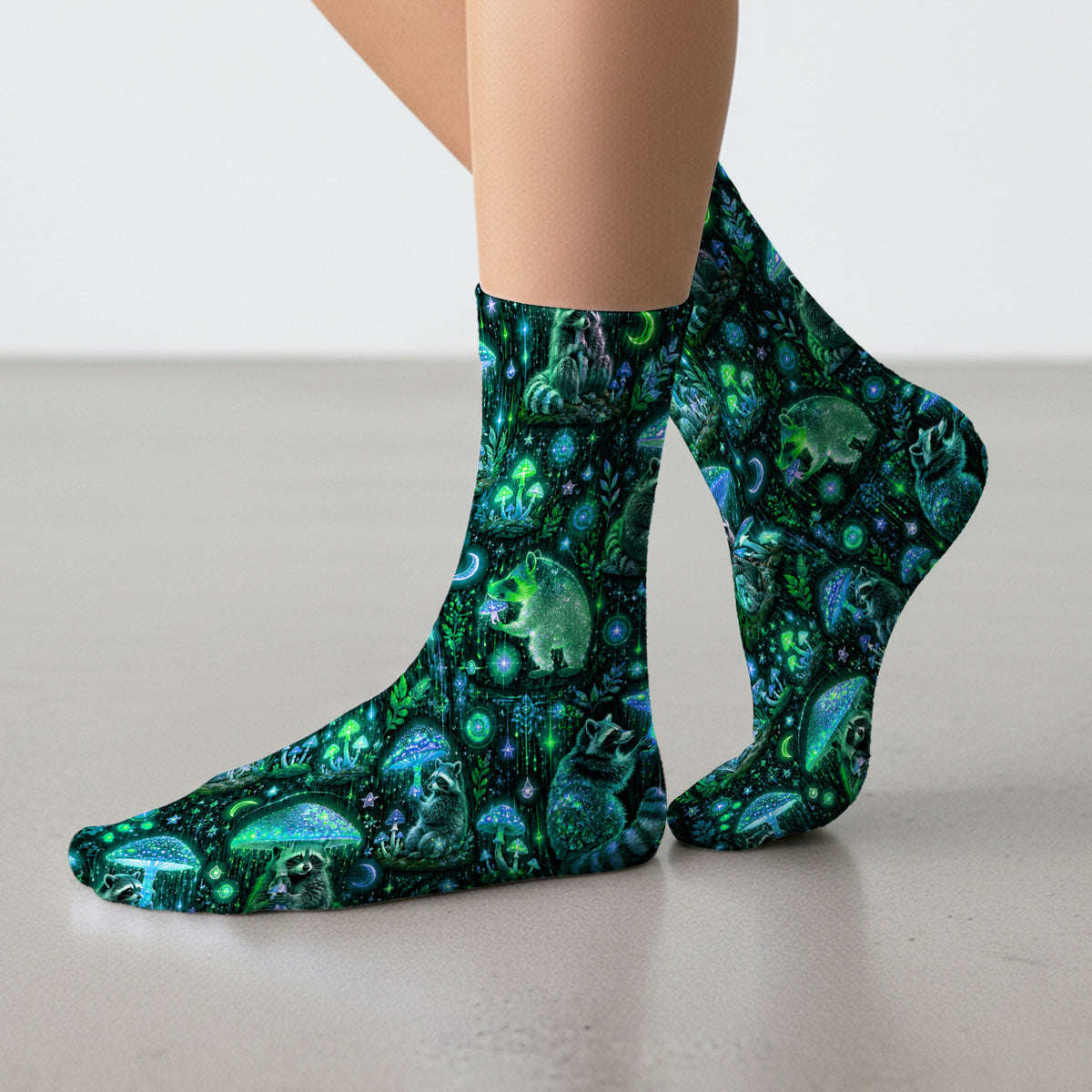 Glowing Raccoon Forest Pattern Socks, Adult Socks for Men and Women