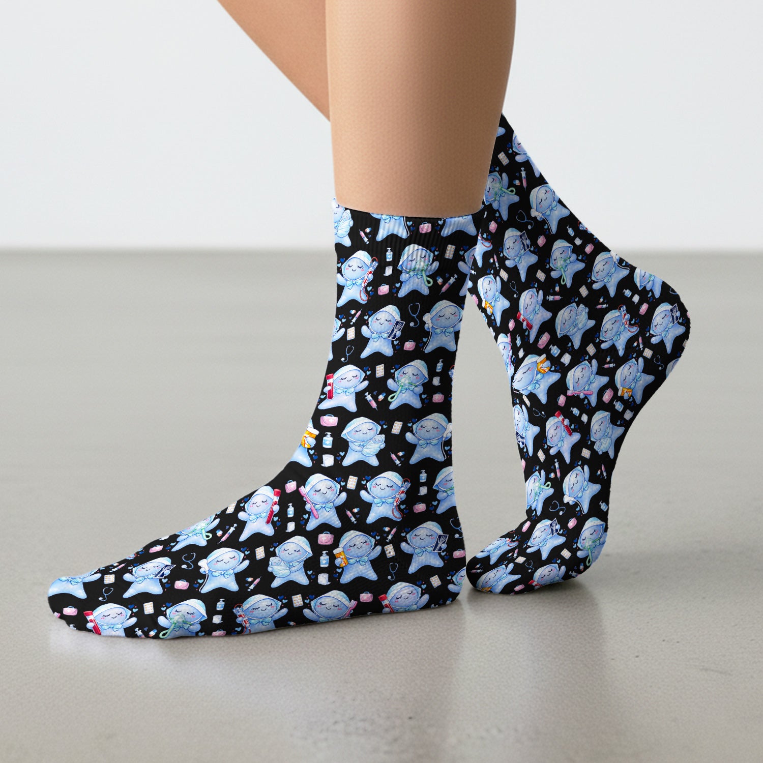 Cute Tooth Character Dental Tools Caring Pattern Socks, Breathable Fabrics Medical Uniform