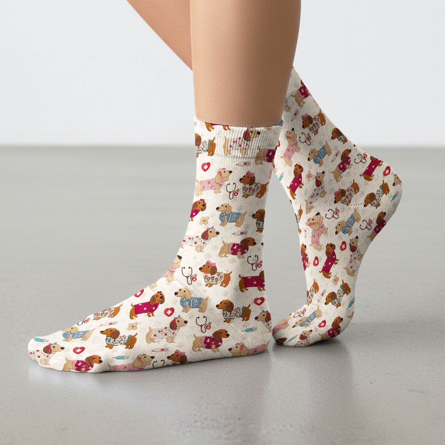 Cute Medical Wiener Dog Pattern Nurse Socks, Dachshund Nursing Scrub Sock, Breathable Fabrics Nursing Uniform