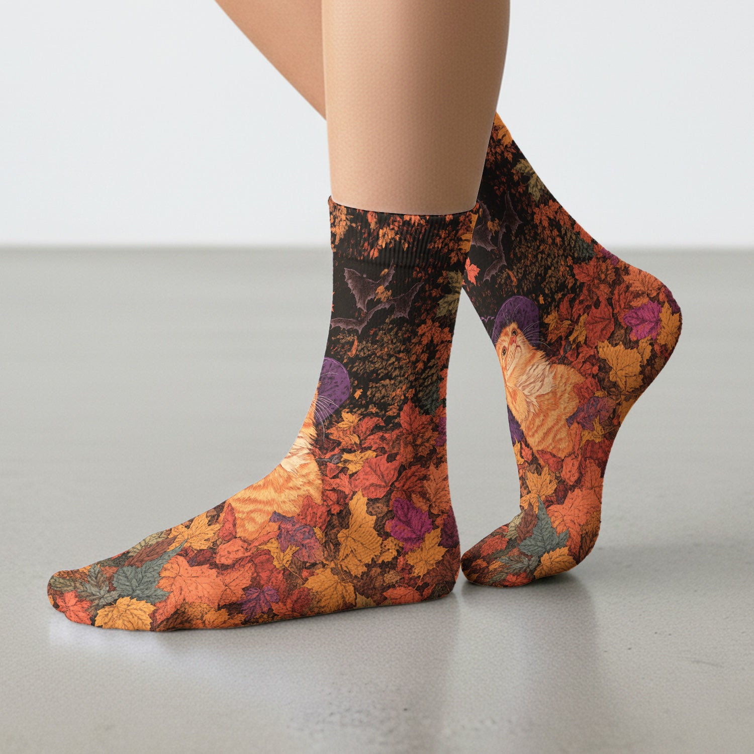 Autumn Cat with Fall Leaves Socks, Adult Socks for Men and Women