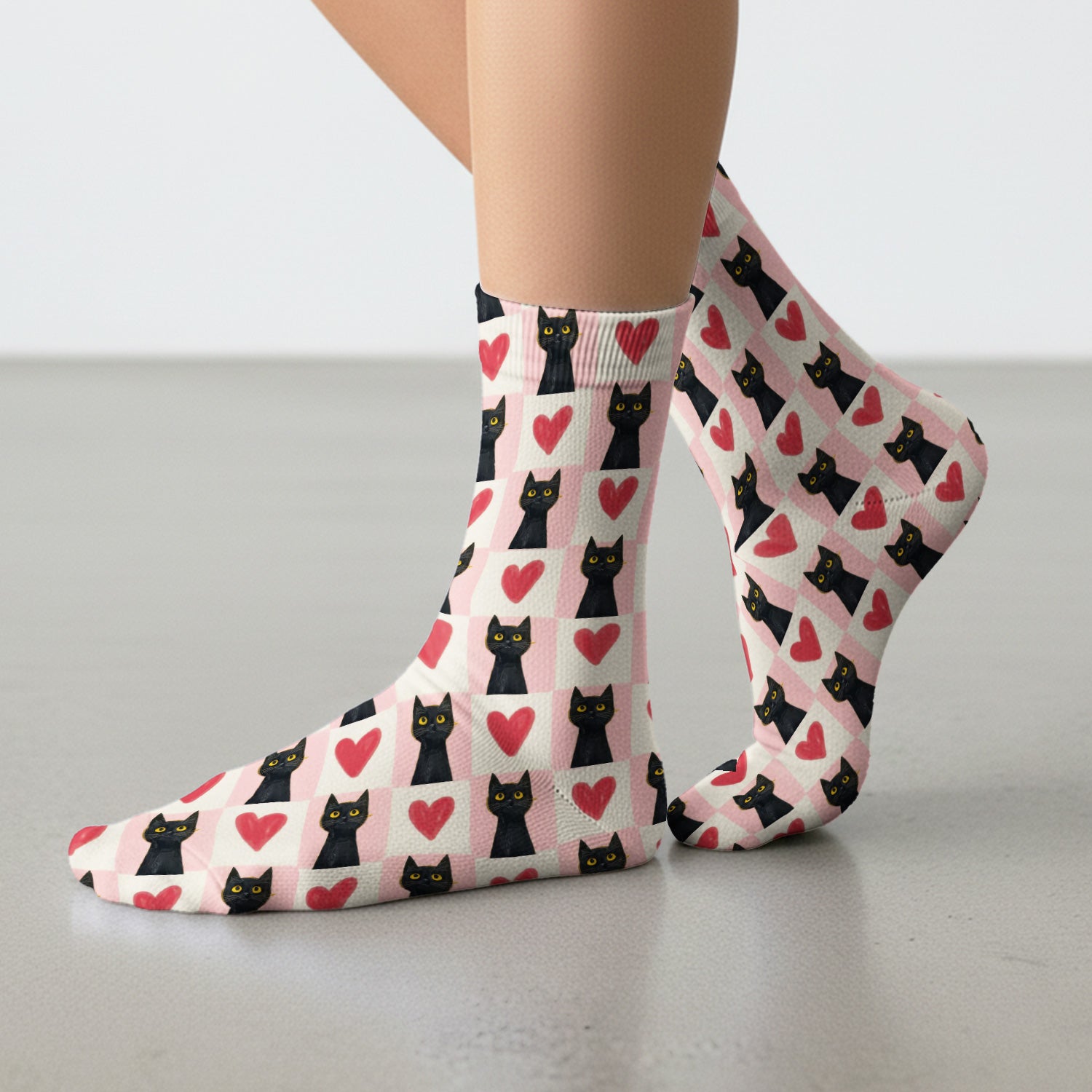 Cute Black Cat Heart Print Crew Socks, Pink Christmas Gift