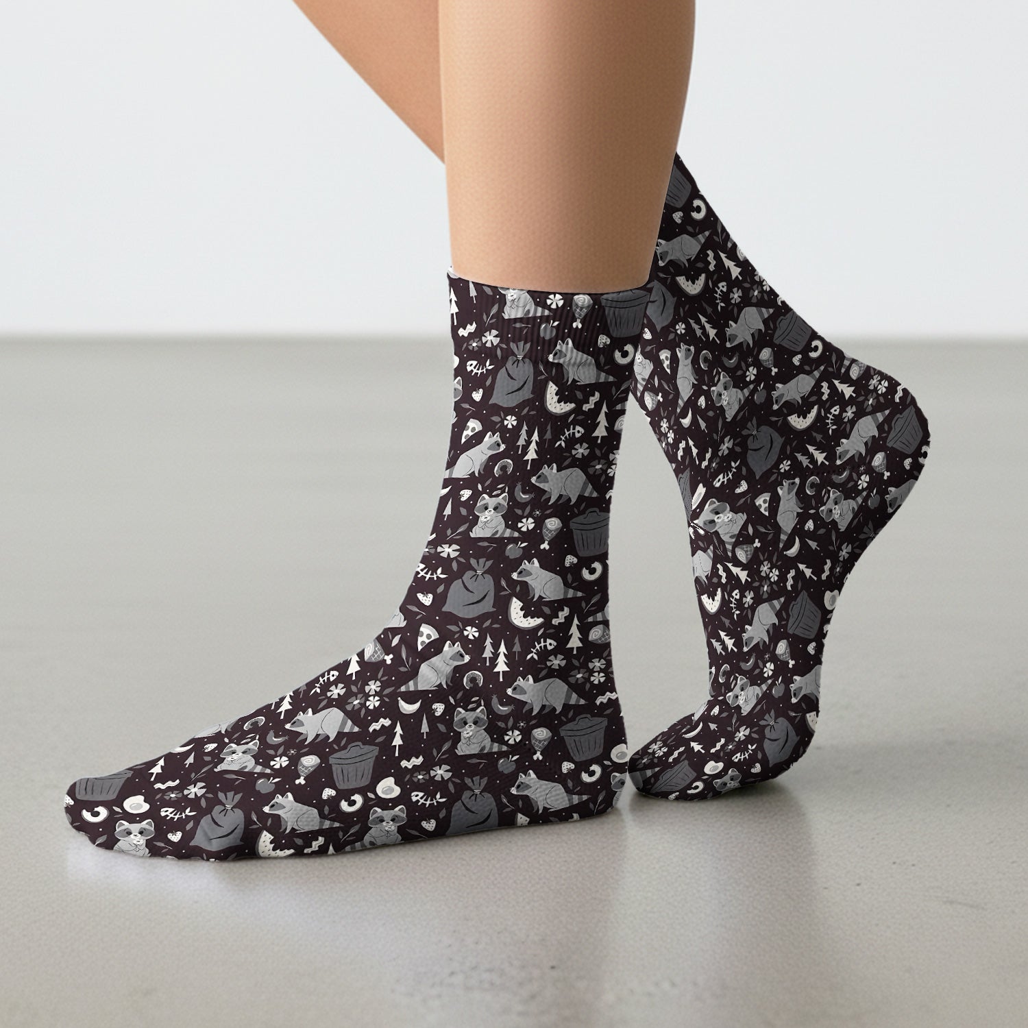 Cute Raccoon Forest Food Pattern Print Socks, Adult Socks for Men and Women