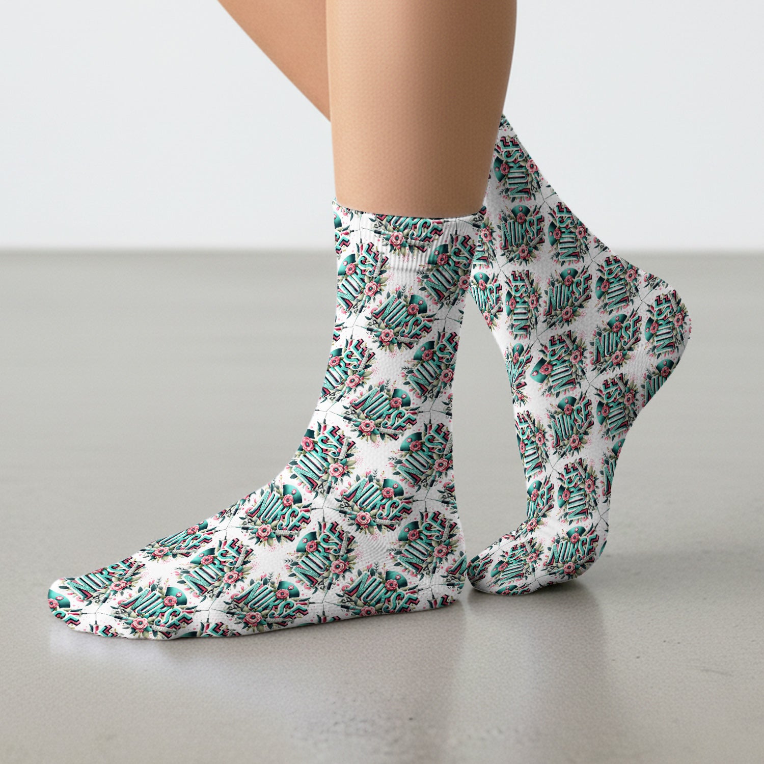 Cute Nurse Typography Floral Medical Pattern Socks, Breathable Fabrics Medical Uniform
