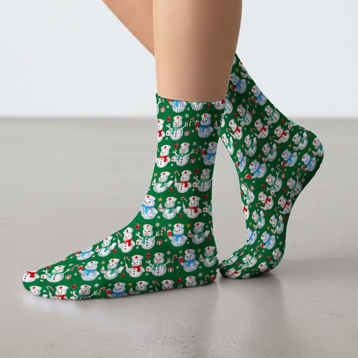 Nurse Snowman Christmas Scrub Socks, Cute Holiday Medical Pattern Sock For Women, Winter Snowflake Nursing Uniform