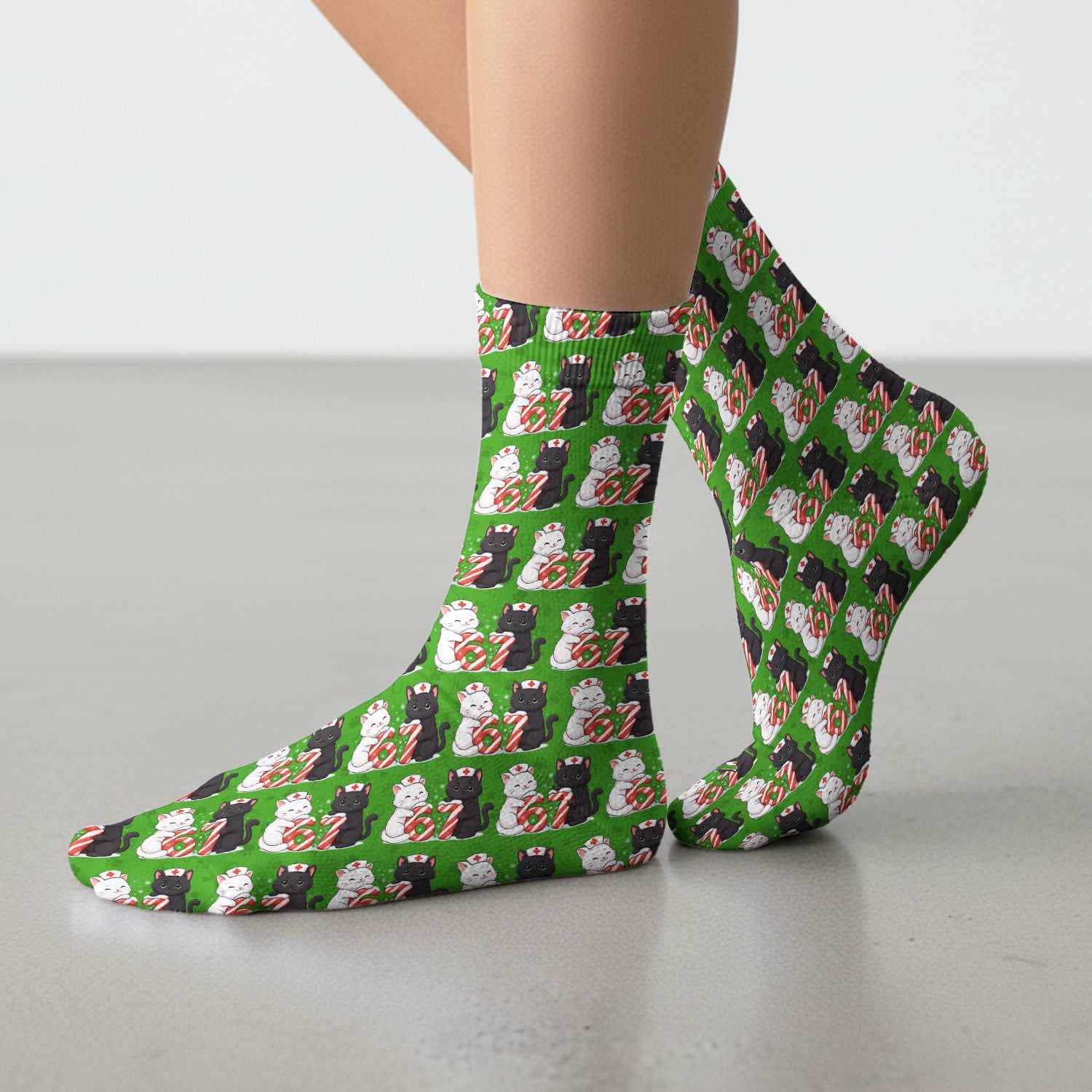 Xmas Cat Pattern Scrub Socks, Christmas Nurse Six Seven With Cat Scrub Sock, Breathable Fabrics Nursing Uniform