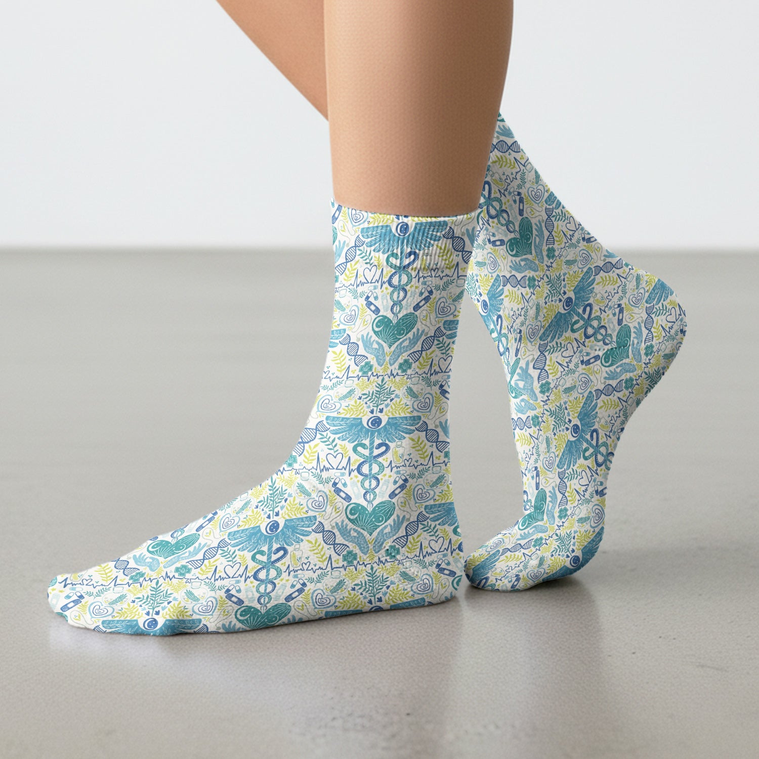Inspirational Botanical Medical Caduceus Heart Nurse Pattern Socks, Breathable Fabrics Medical Uniform