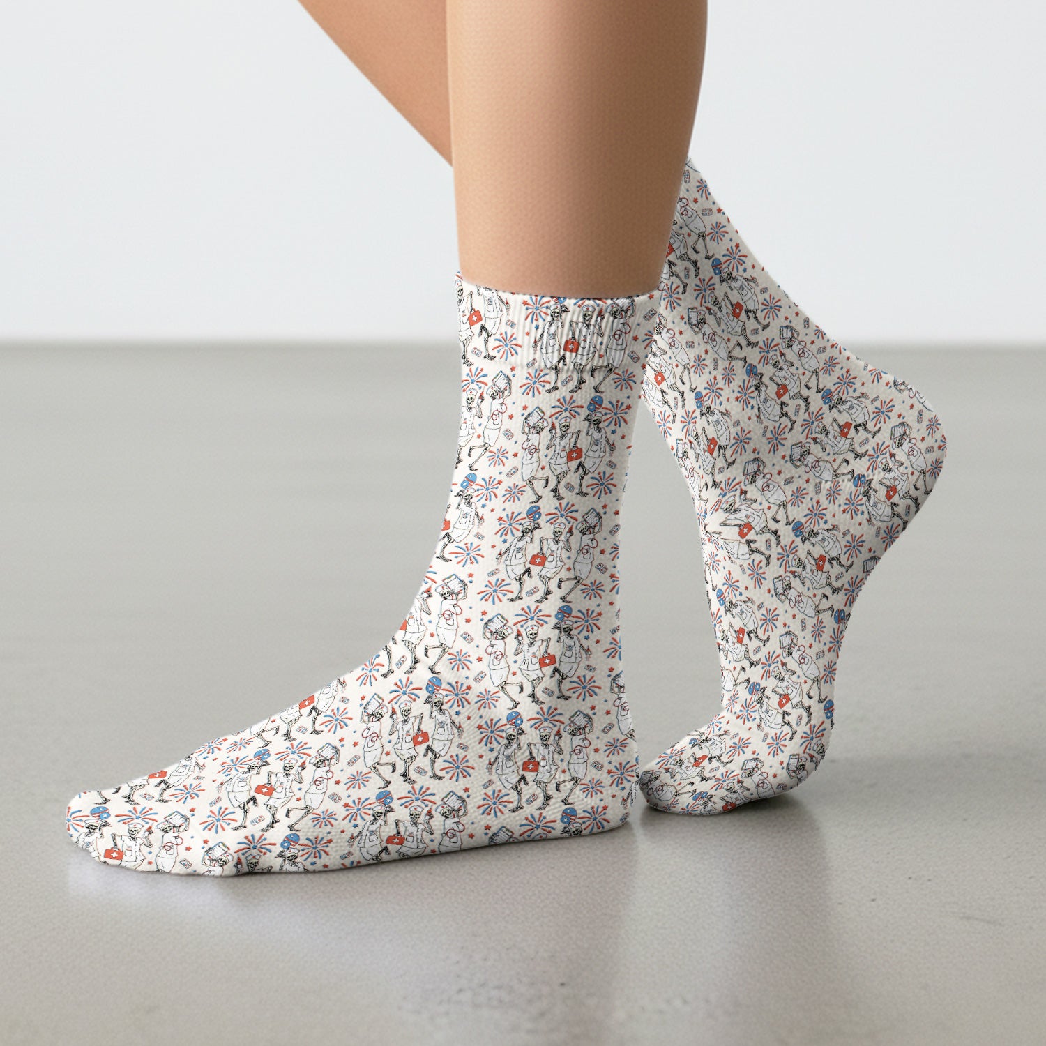 Funny Skeleton Nurse Patriotic Print Socks, Breathable Fabrics Medical Uniform