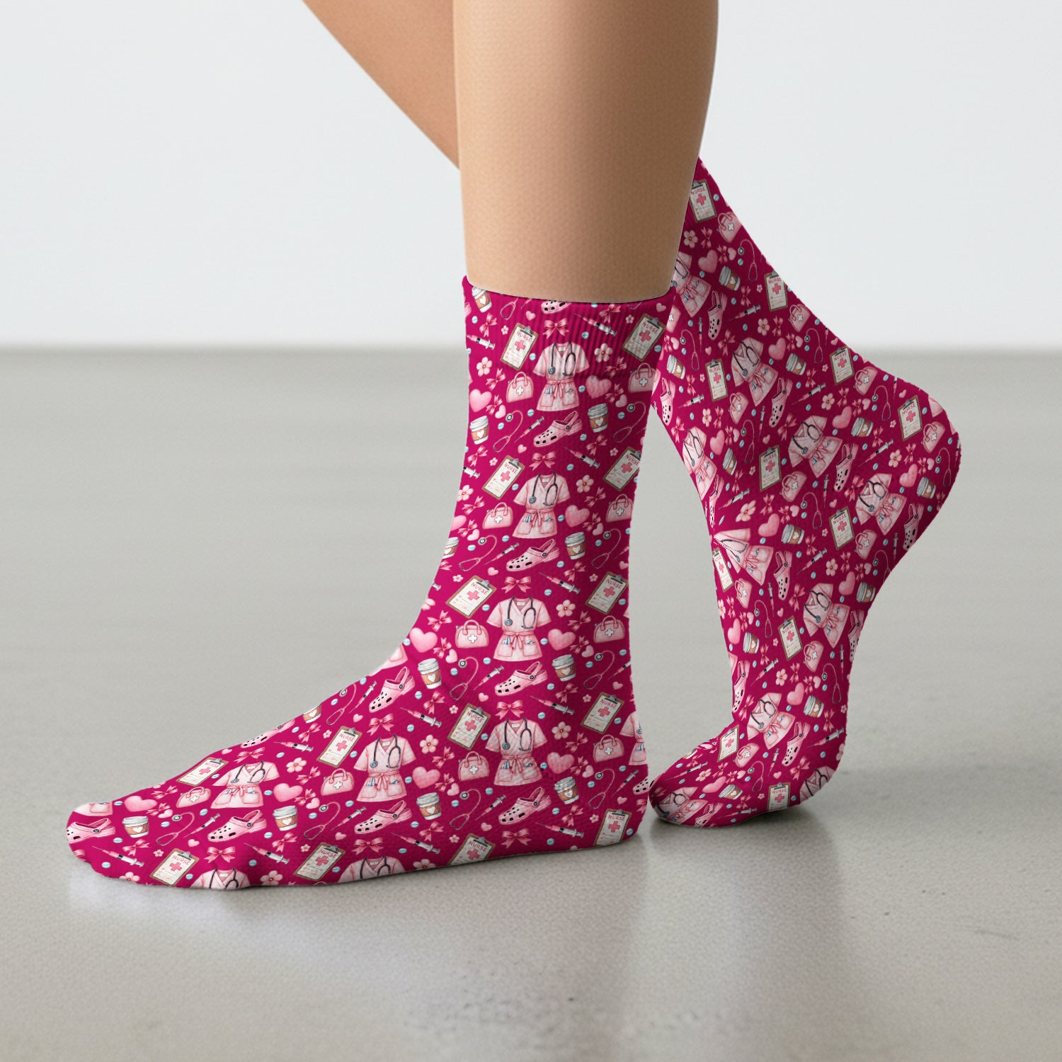 Valentine Pink Nurse Icons Print Medical Socks, Socks for Nurse Doctor