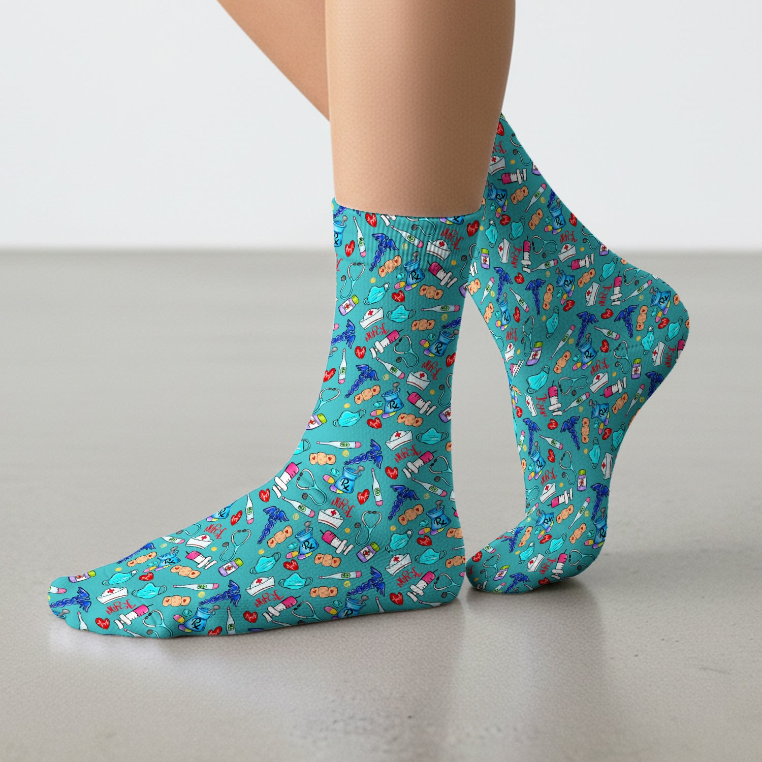 Nurse Medical Icons Stethoscope Heart Pattern Socks, Breathable Fabrics Medical Uniform