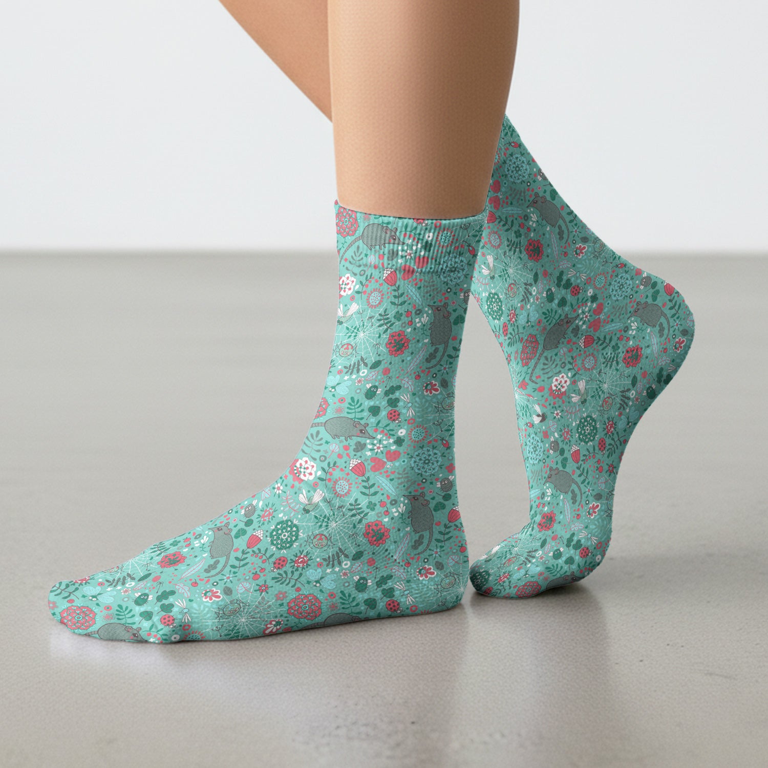 Woodland Mouse Floral Pattern Socks, Breathable Fabrics Medical Uniform