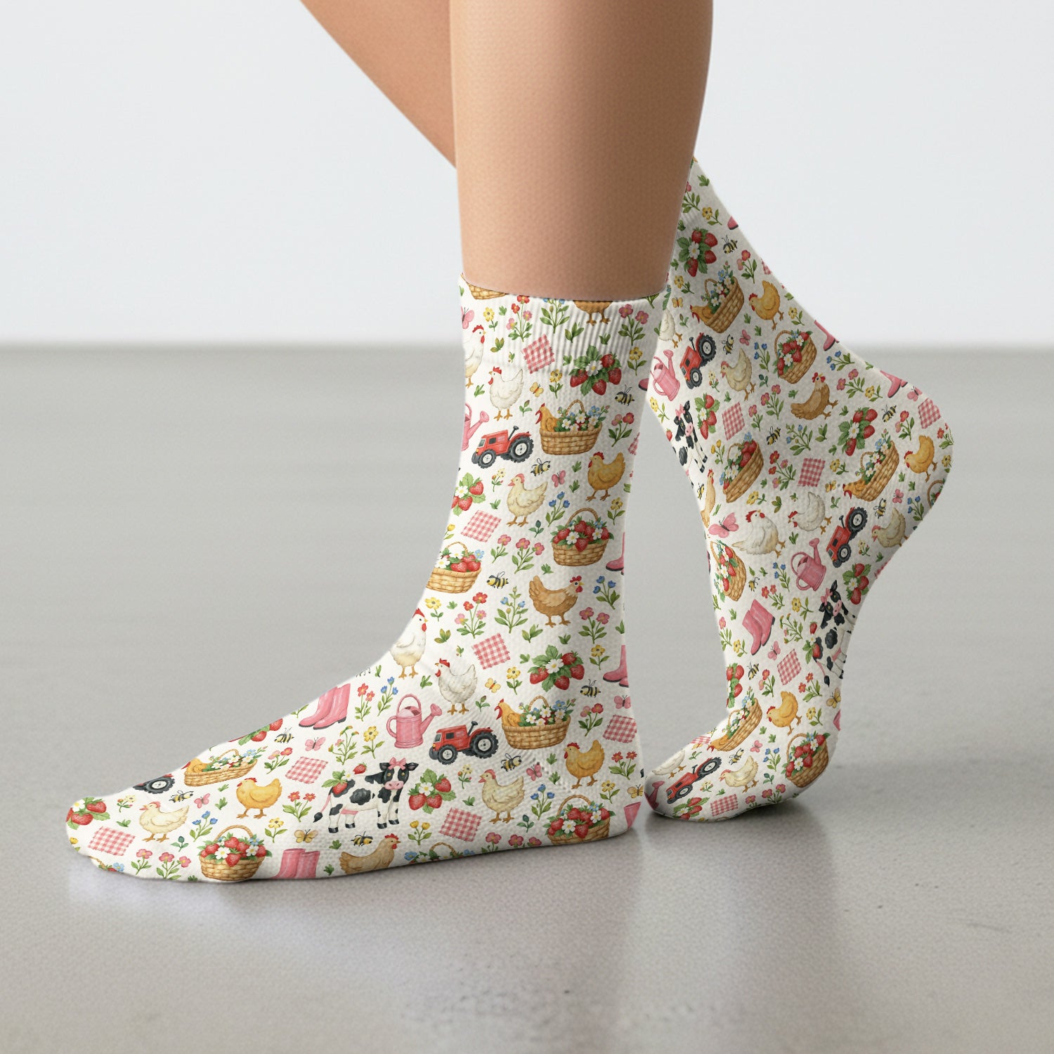 Whimsical Farm Animals Garden Pattern Print Socks, Adult Socks for Men and Women