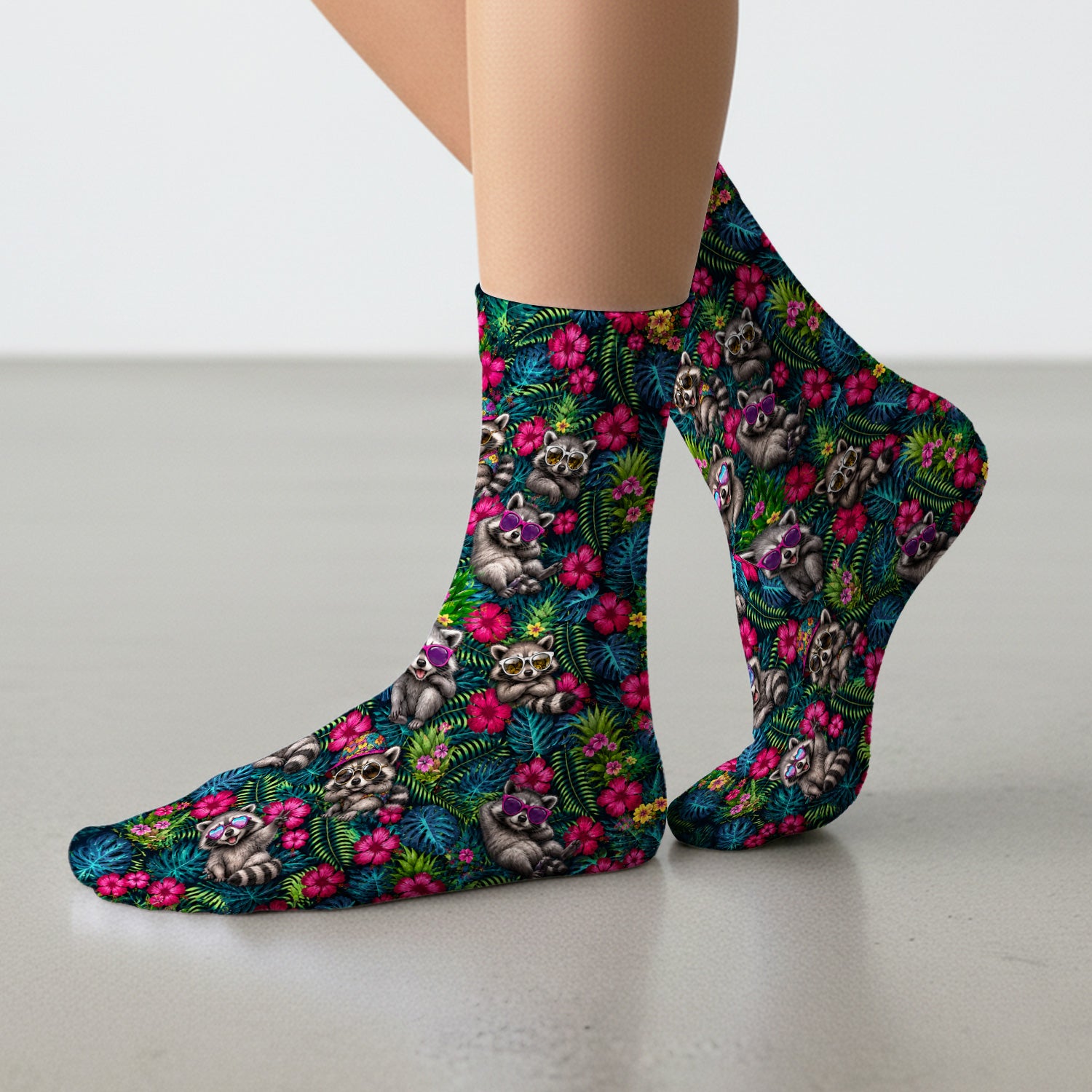 Tropical Raccoon Nurse Floral Pattern Socks, Adult Socks for Men and Women