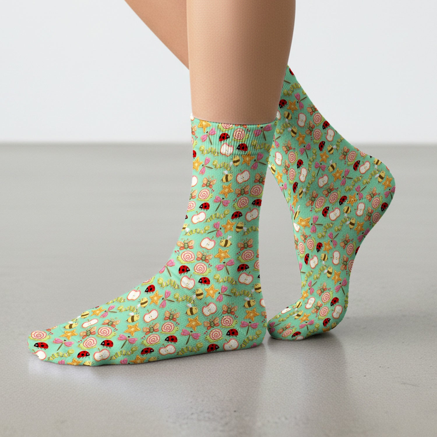 Cute Nurse Snail Ladybug Caterpillar Apple Garden Pattern Socks, Breathable Fabrics Medical Uniform