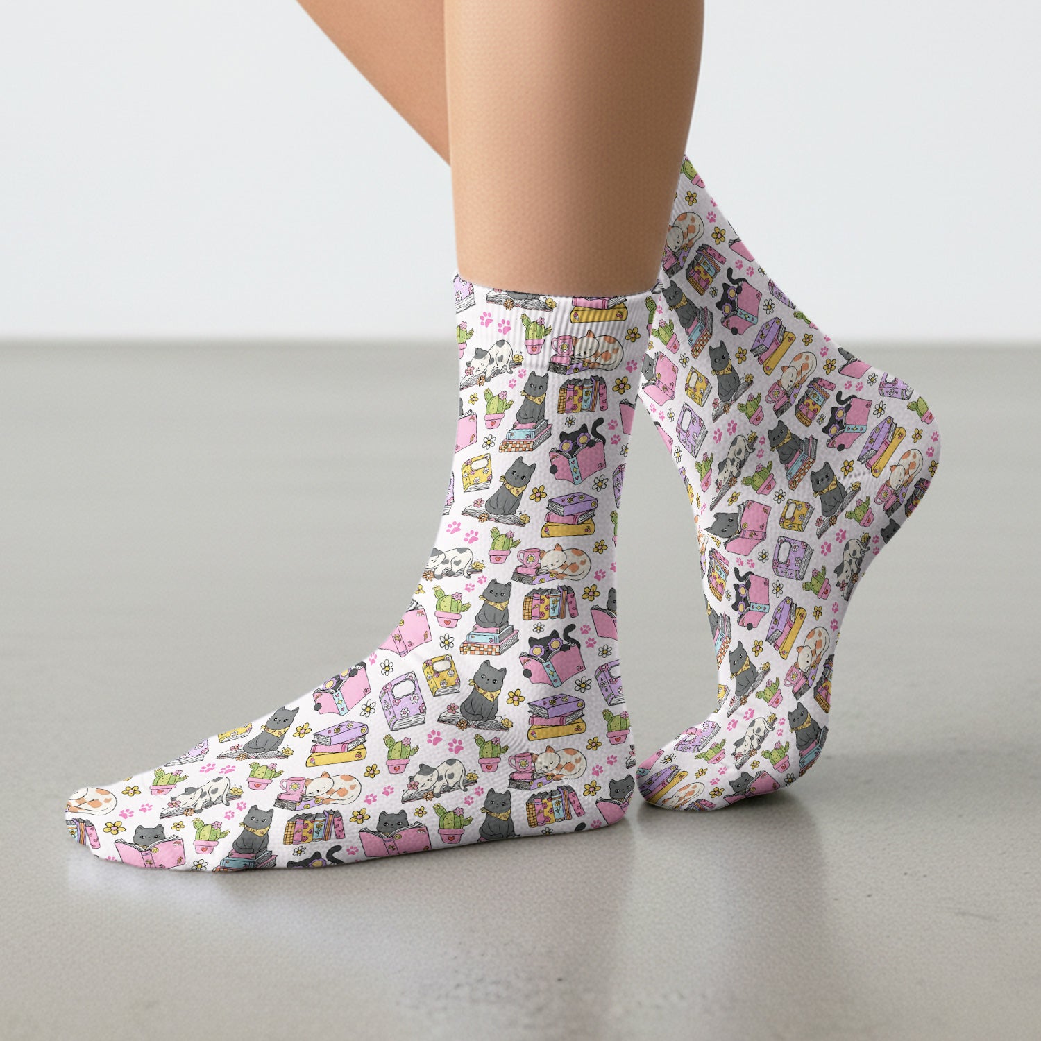 Cute Cat Book Cactus Seamless Pattern Socks, Adult Socks for Men and Women
