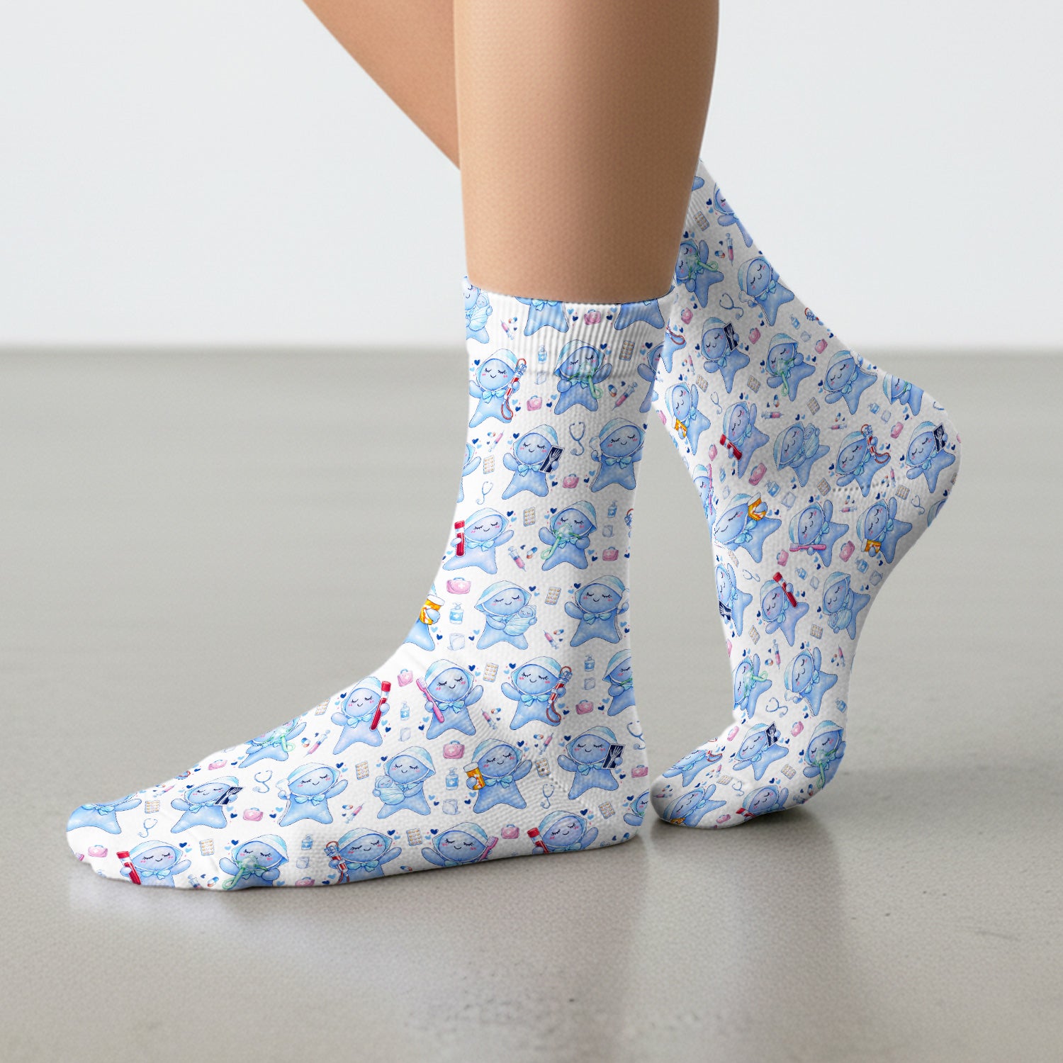 Cute Tooth Character Dental Tools Caring Pattern Socks, Breathable Fabrics Medical Uniform