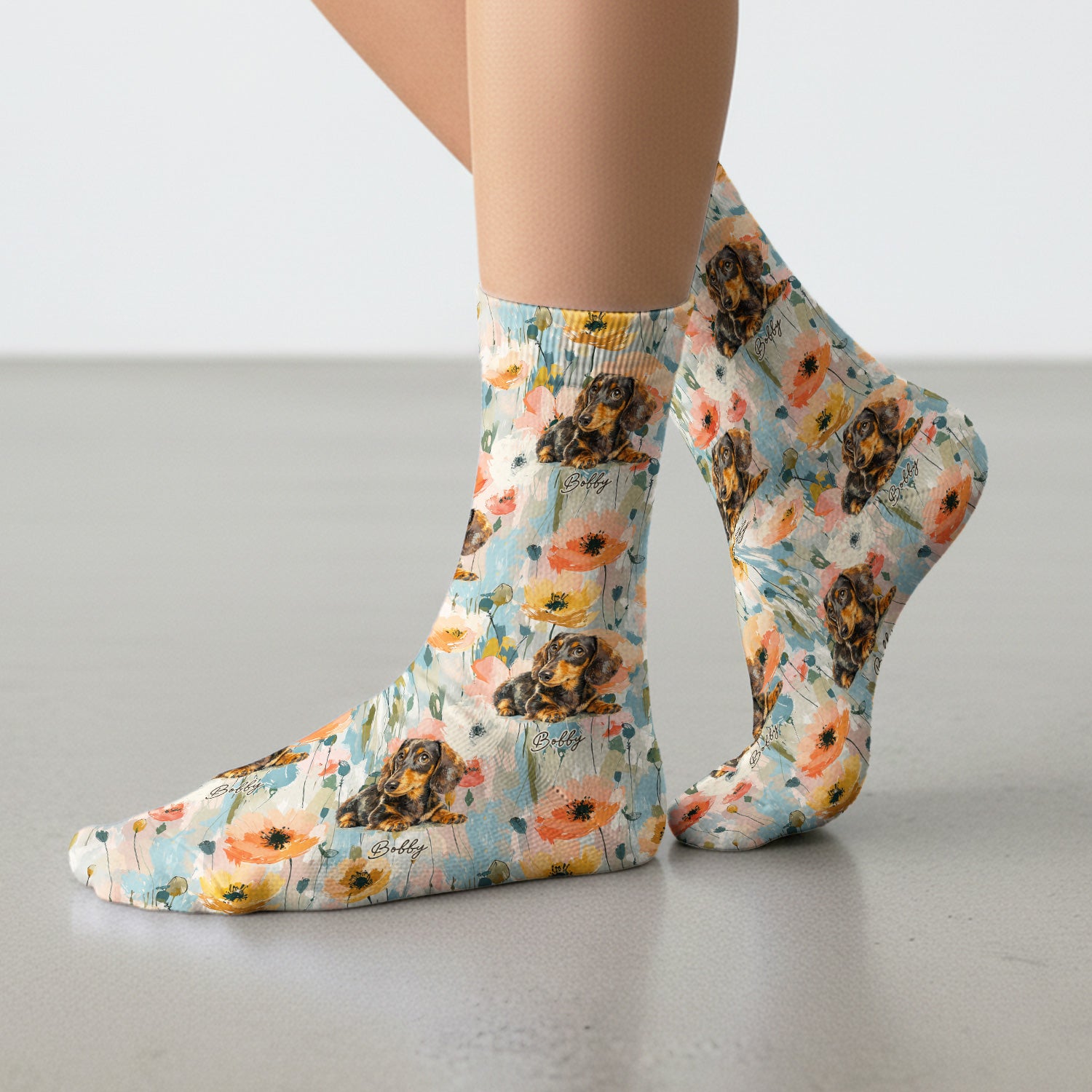 Personalized Dachshund Floral Portrait Pattern Socks, Adult Socks for Men and Women