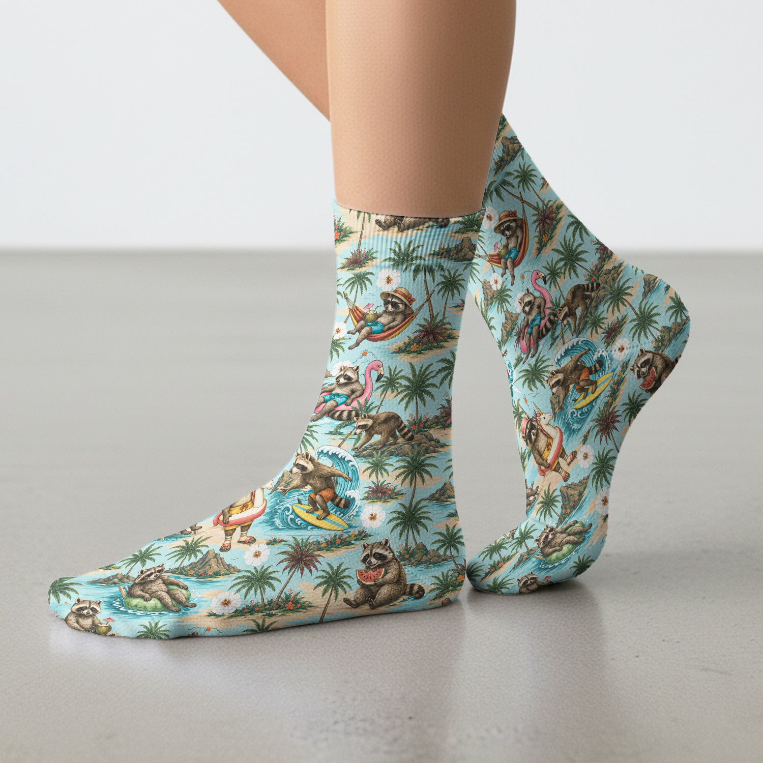 Tropical Raccoon with Surfing Island Beach Print Socks, Adult Socks for Men and Women