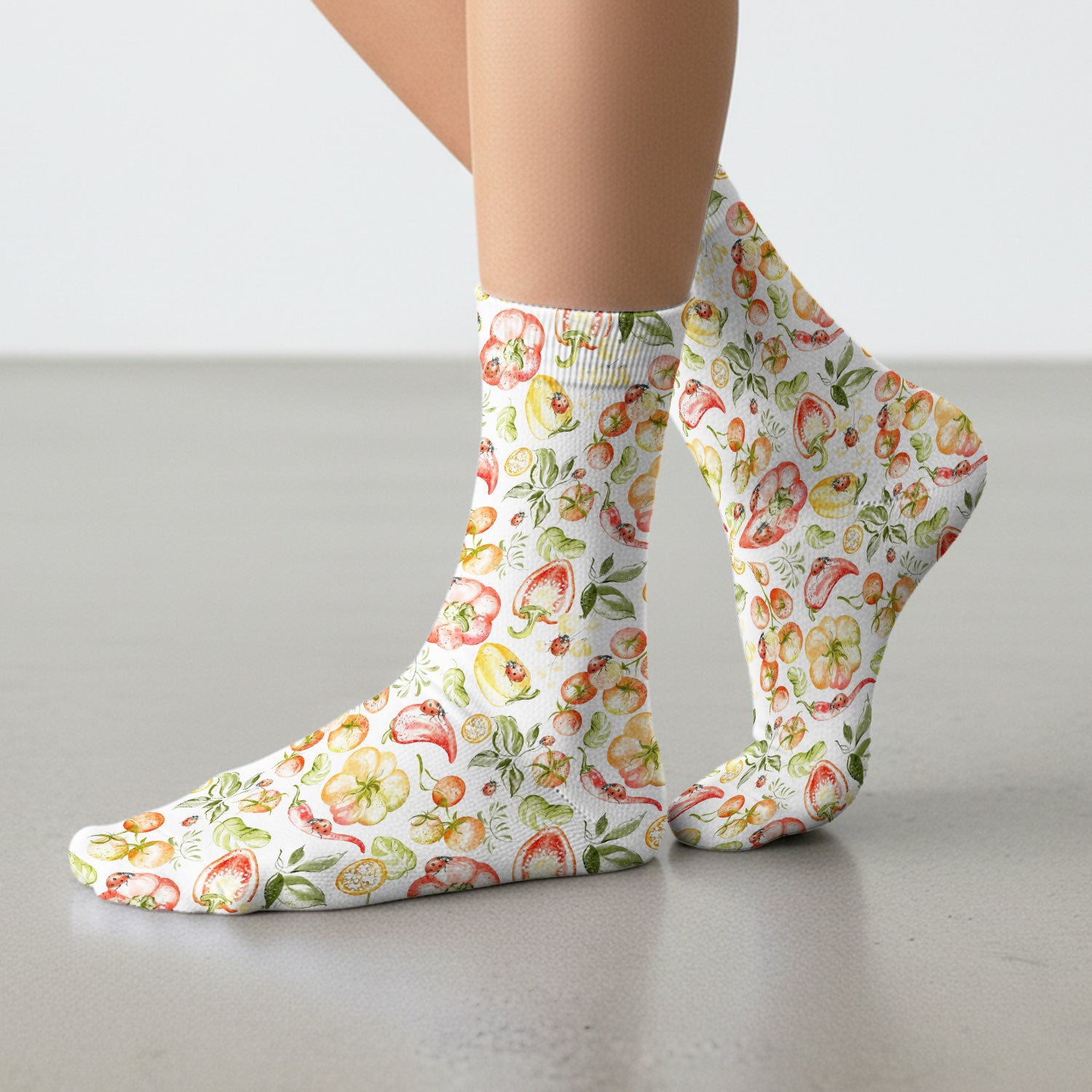Cute Watercolor Veggie Ladybug Pattern Socks, Breathable Fabrics Medical Uniform