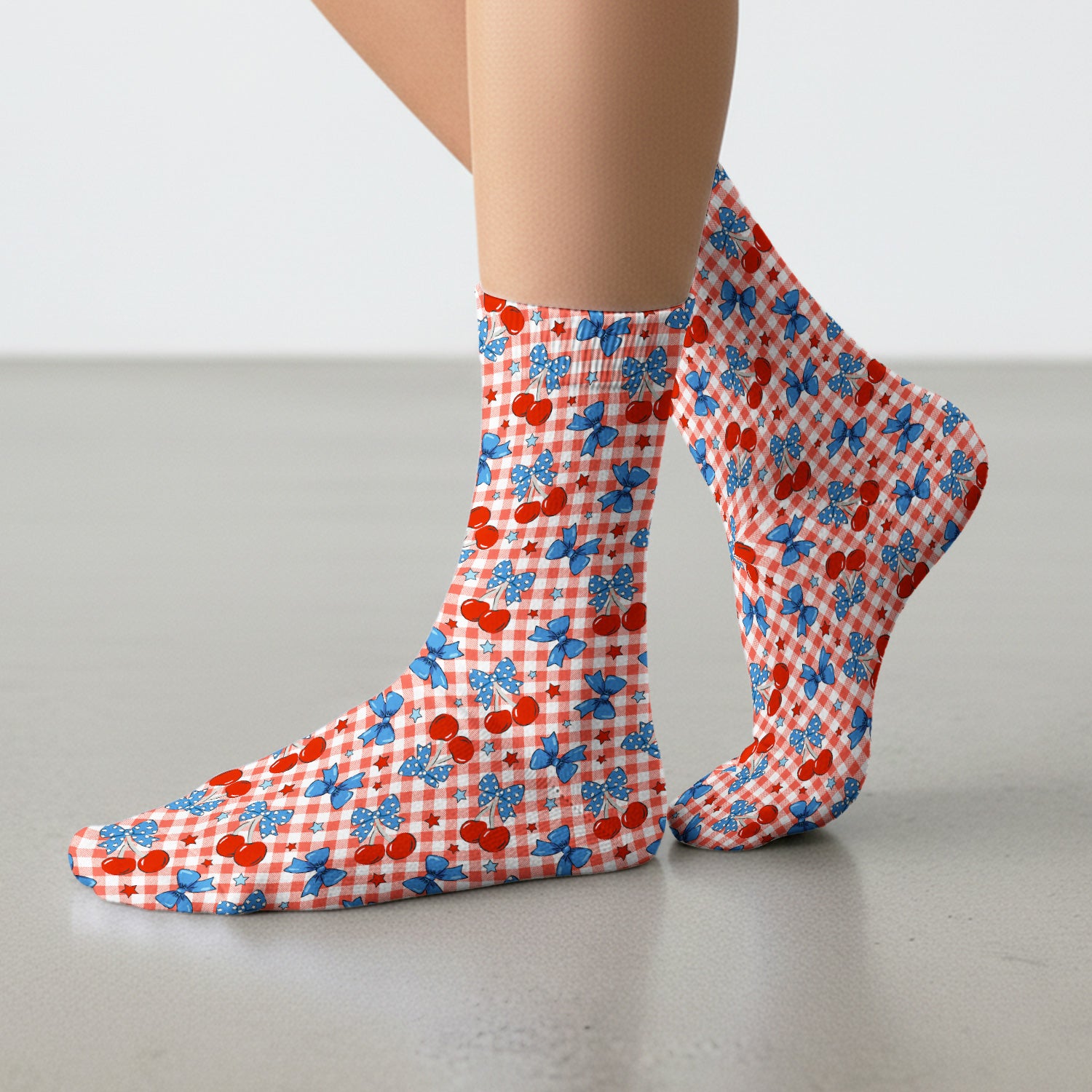 Cute Patriotic Cherry Bow Checkered Pattern Socks, Adult Socks for Men and Women
