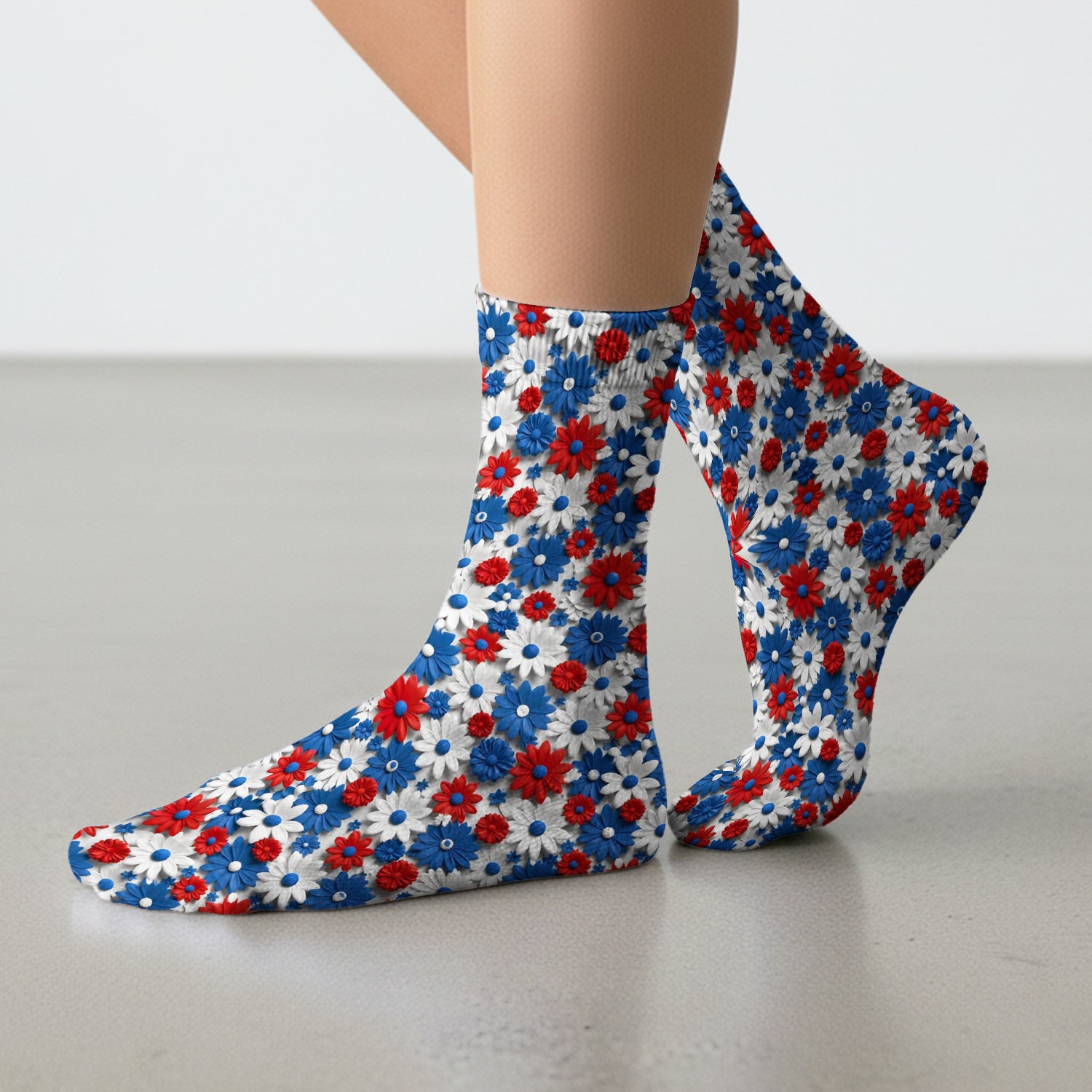 Patriotic Red Blue Daisy Floral Pattern Socks, Adult Socks for Men and Women