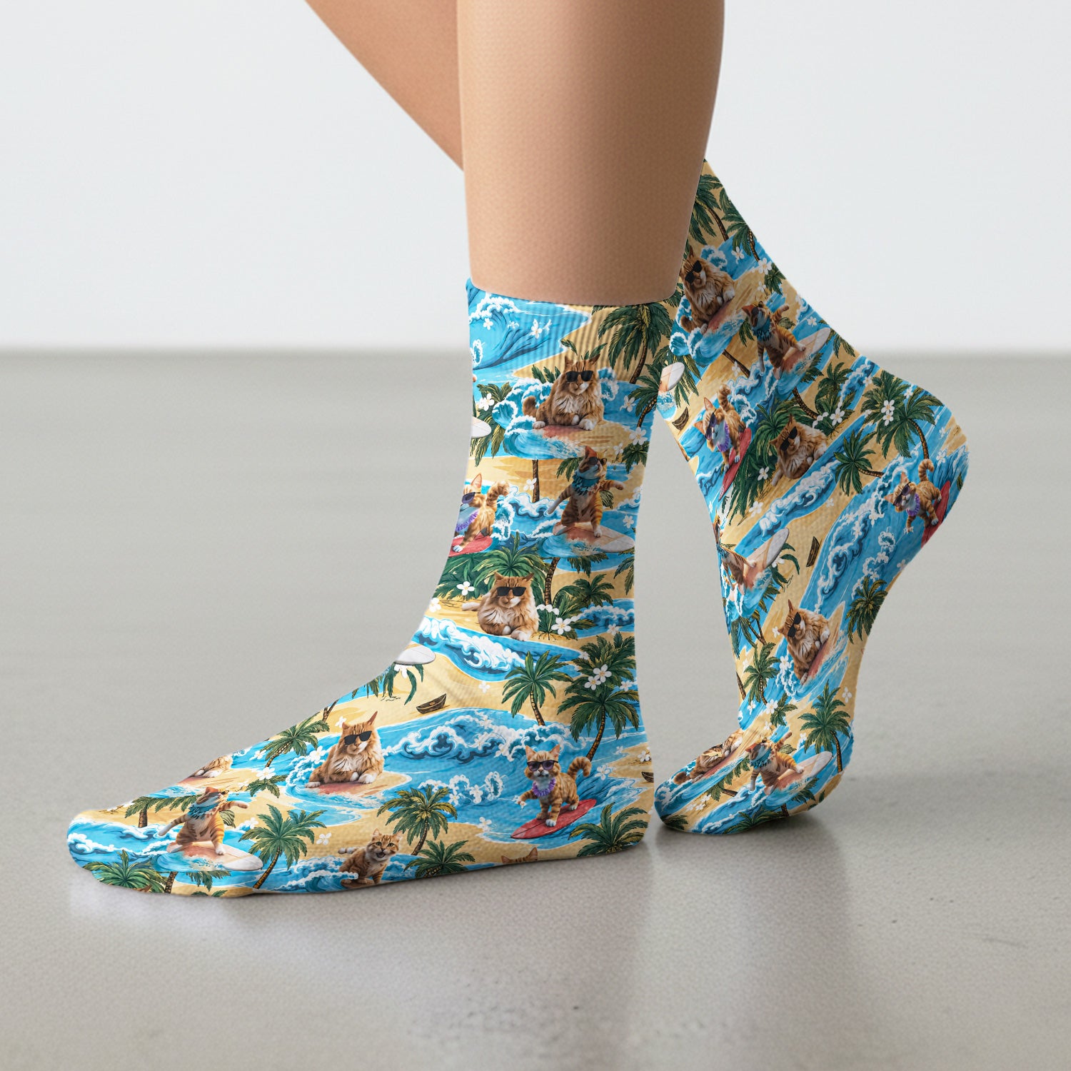 Tropical Surfing Cat with Beach Wave Island Print Socks, Adult Socks for Men and Women