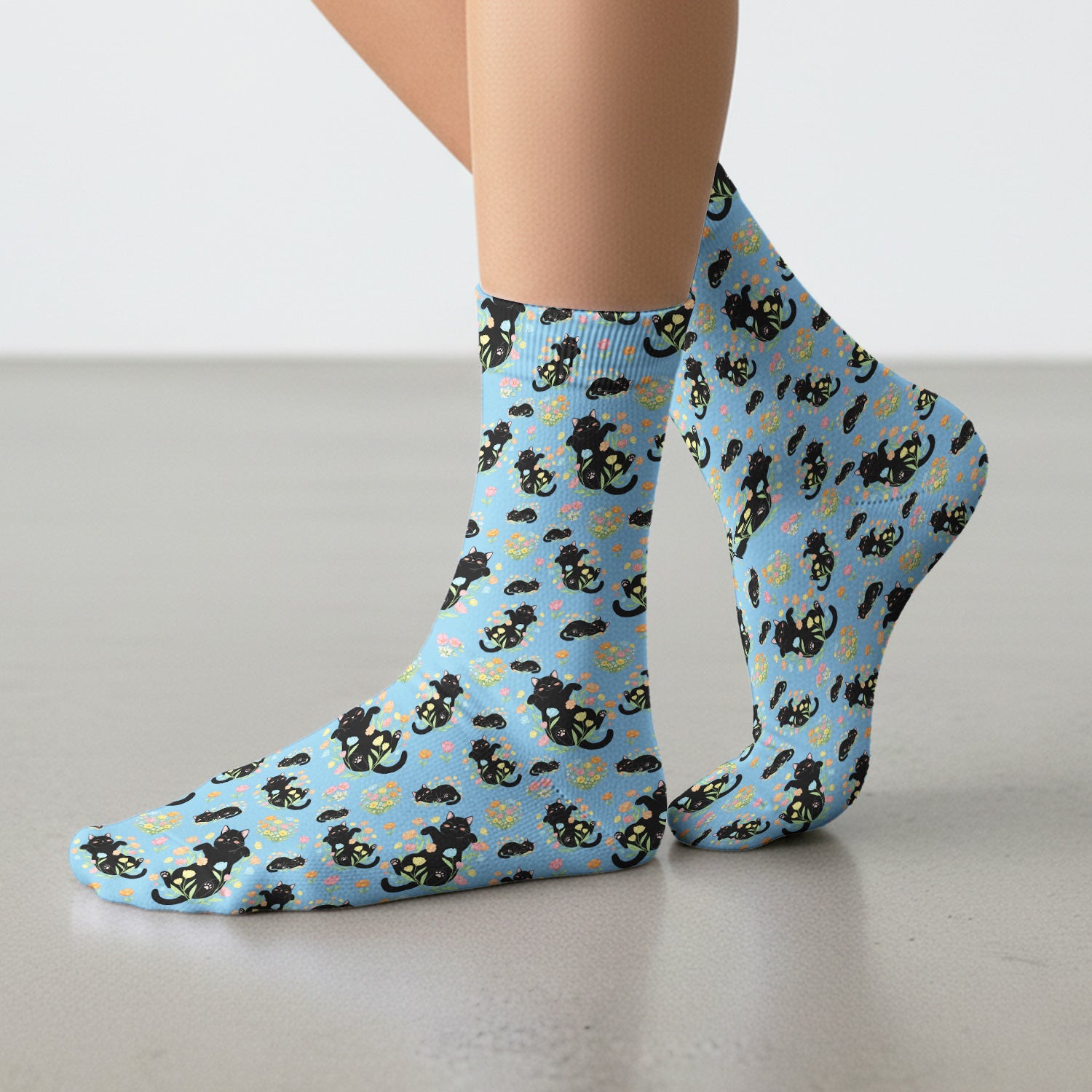 Cats With Cute Poses Floral Pattern Socks, Adult Socks for Men and Women