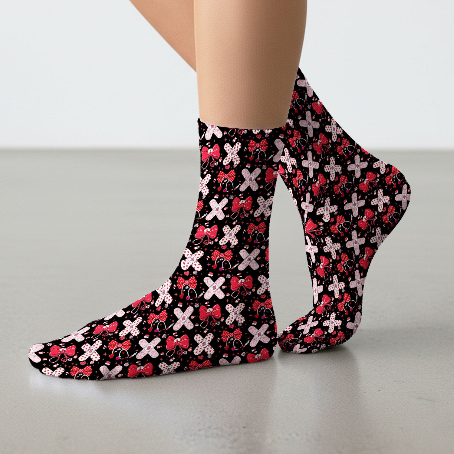 Valentine Nurse Scrub Socks, Red Bow And Heart Bandage Pattern Medical Sock, Breathable Fabrics Nursing Uniform