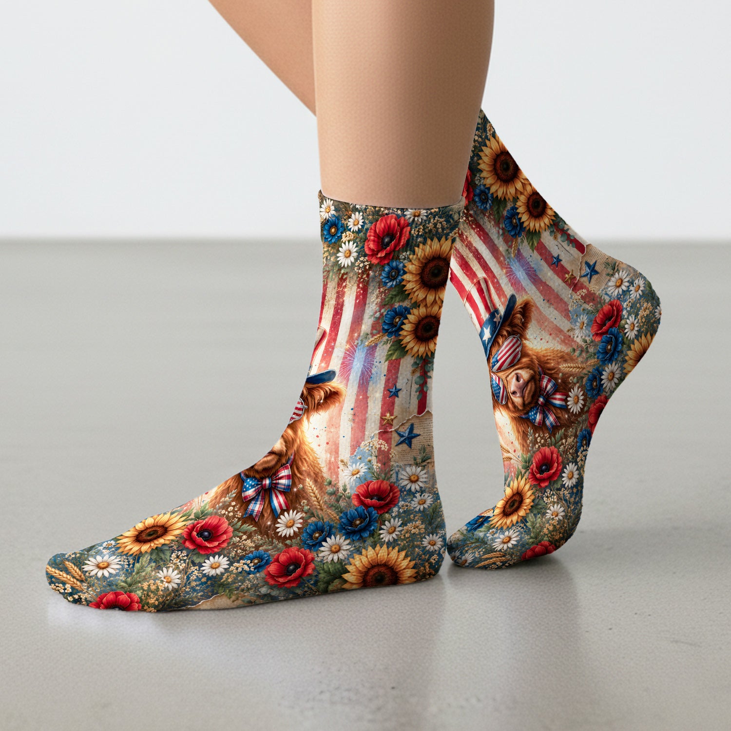 Patriotic Highland Cow Nurse for RN, CNA, Healthcare Workers Socks, Adult Socks for Men and Women
