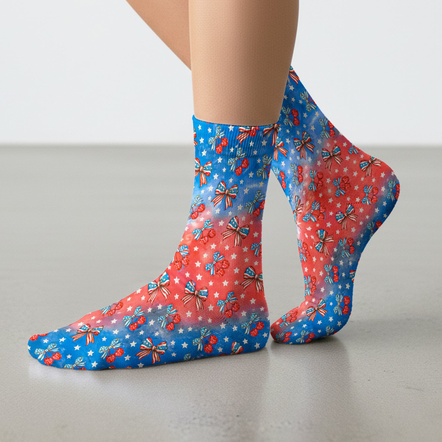 Festive Patriotic Star Bow Cherry Pattern Socks, Adult Socks for Men and Women