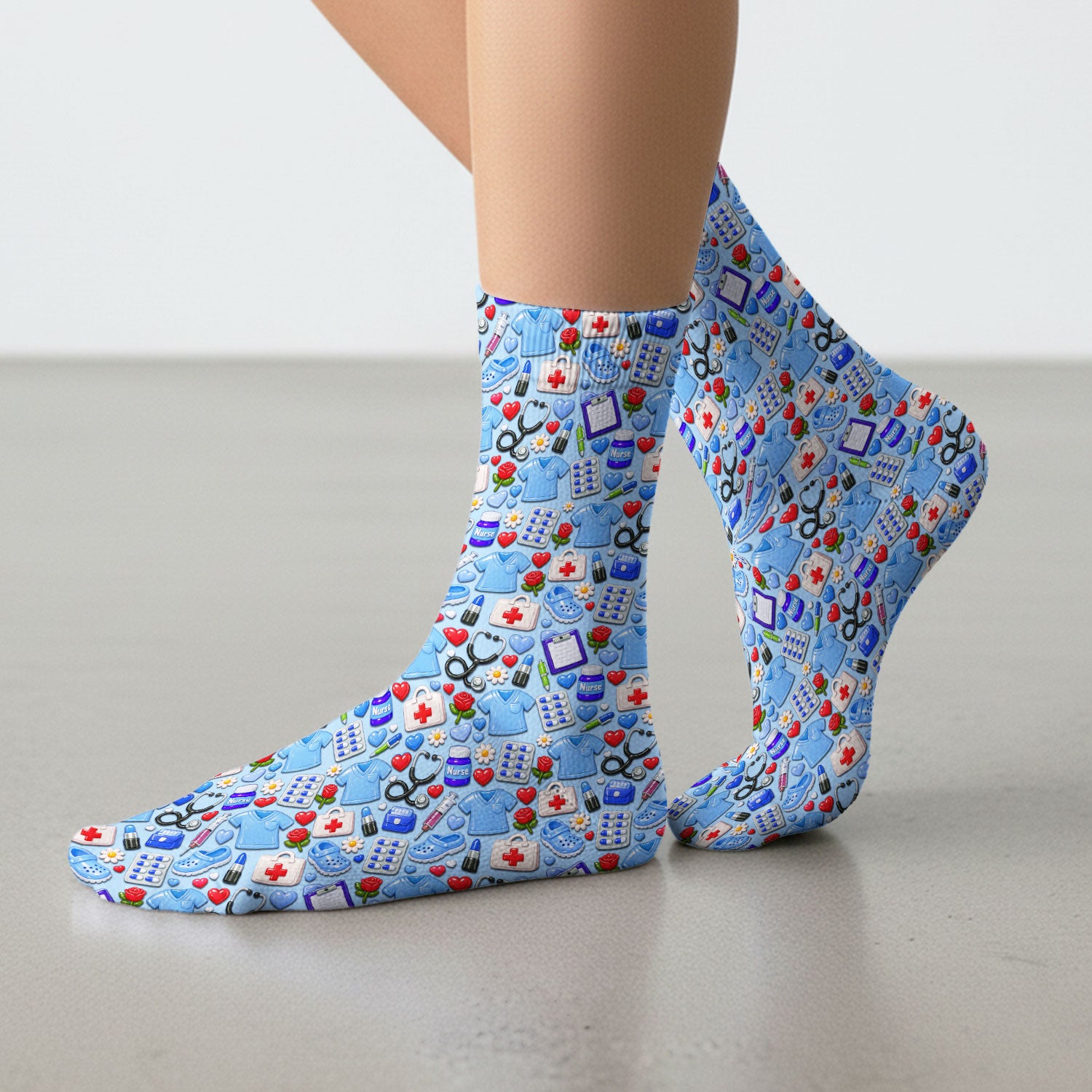 Medical Icons Scrub Socks, Cute Pattern Nurse Sock, Breathable Fabrics Nursing Uniform