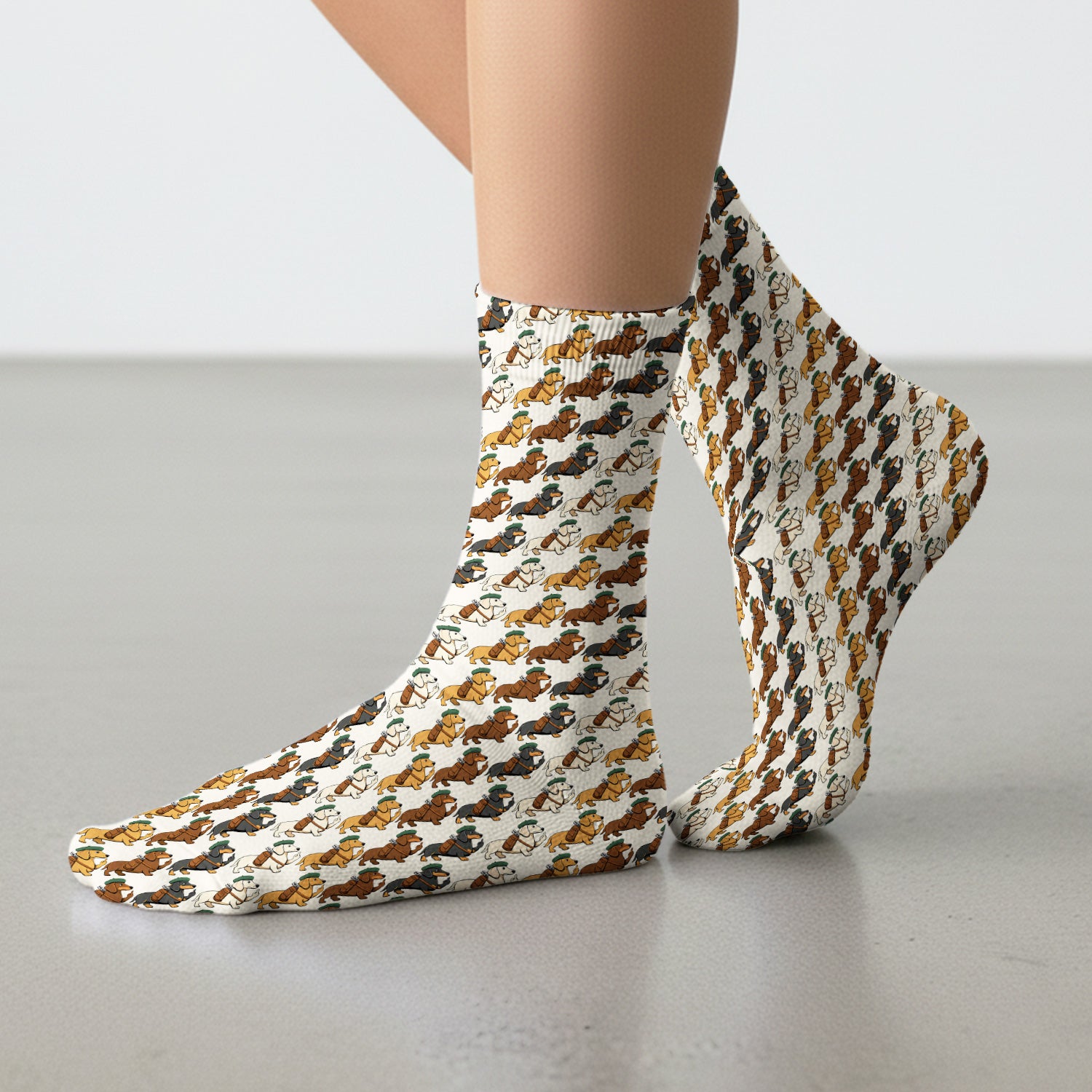 Cartoon Dachshund Dog Wearing Hat And Backpack Pattern Socks, Adult Socks for Men and Women