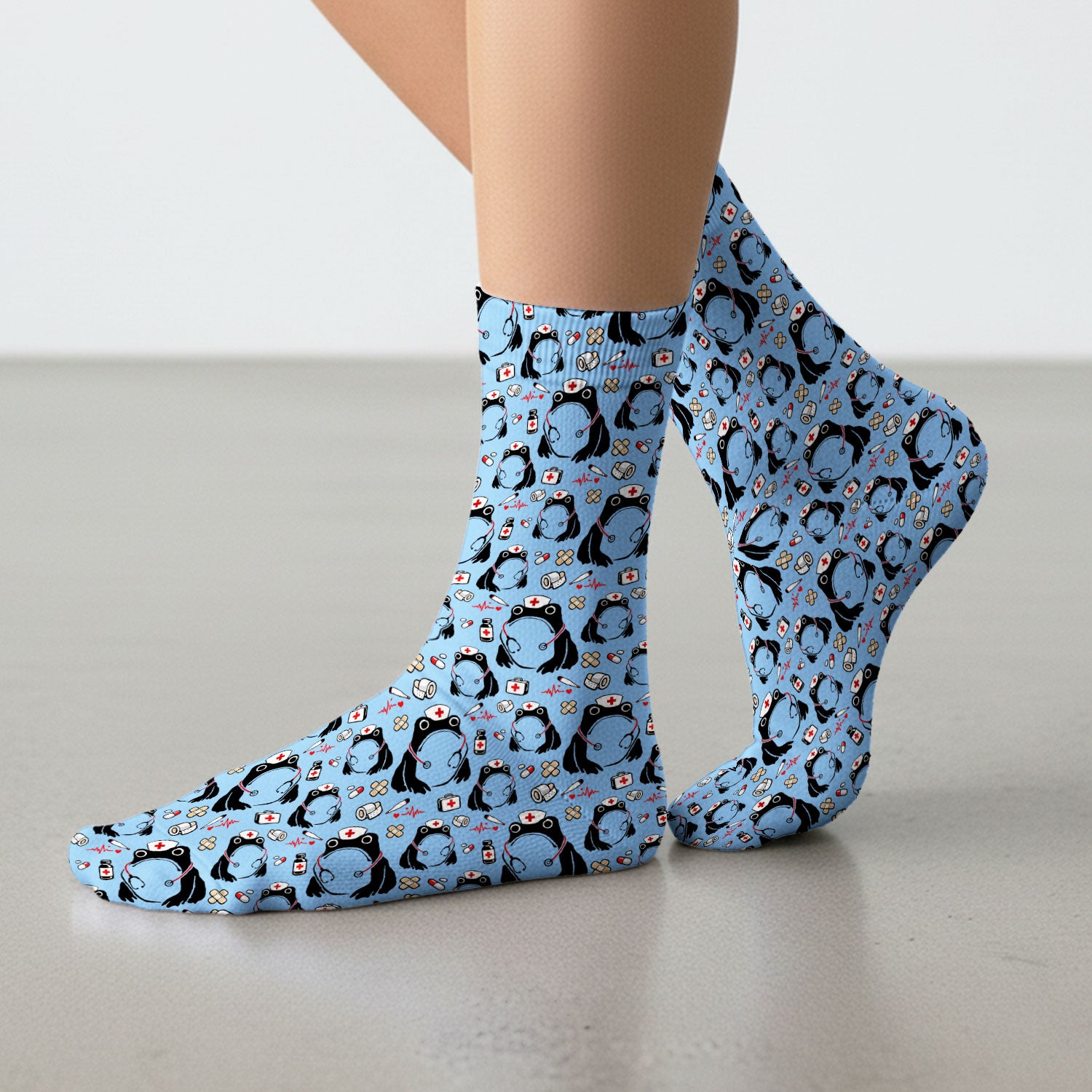 Cute Frog Nurse Medical Pattern Socks, Breathable Fabrics Medical Uniform