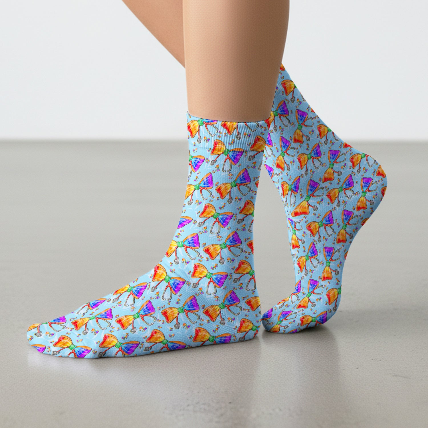 Colorful Rainbow Bow Stethoscope Pattern Socks, Breathable Fabrics Medical Uniform